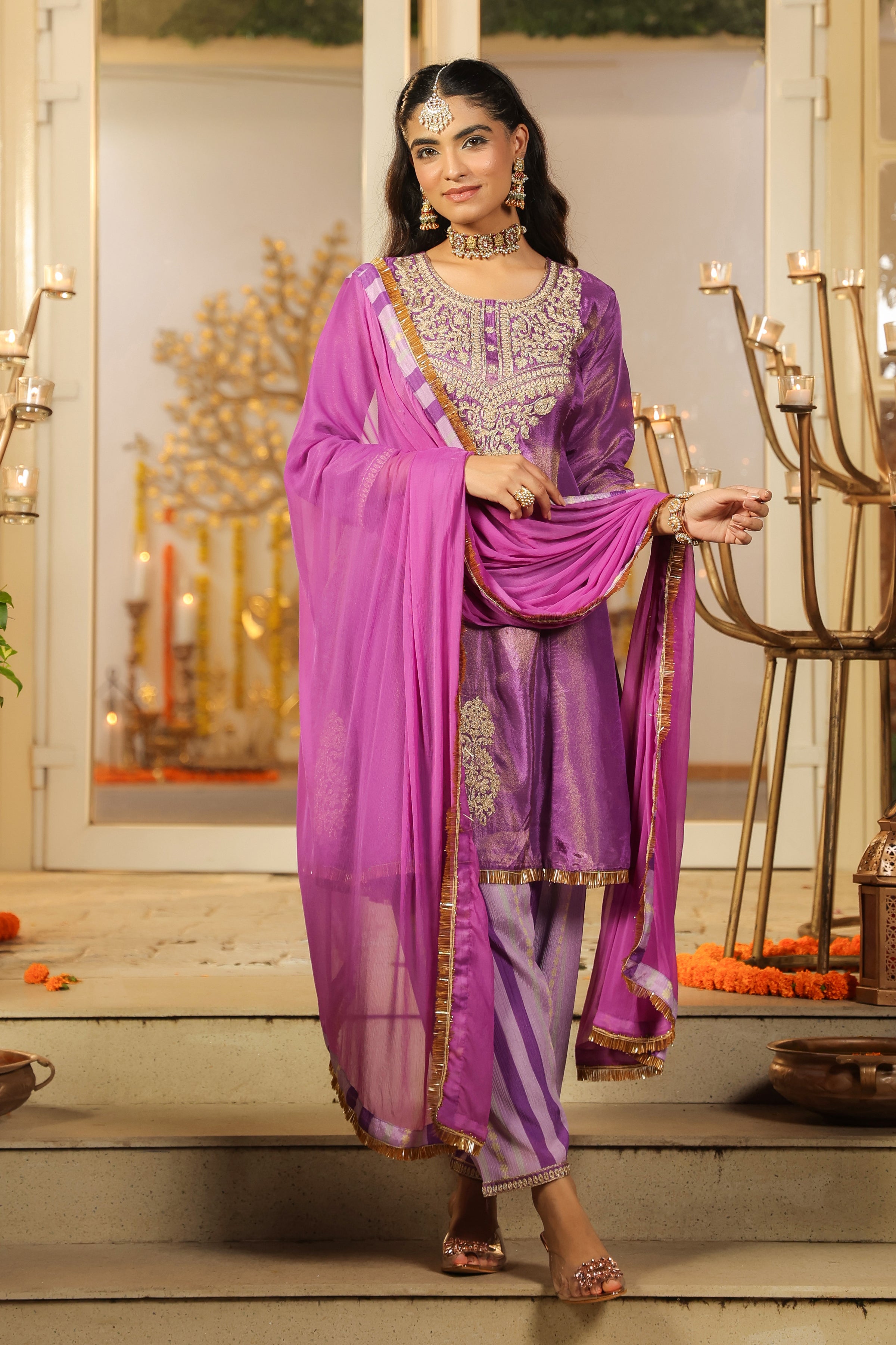 Purple Shimmer Tissue Silk Embroidered Anarkali Suit Set