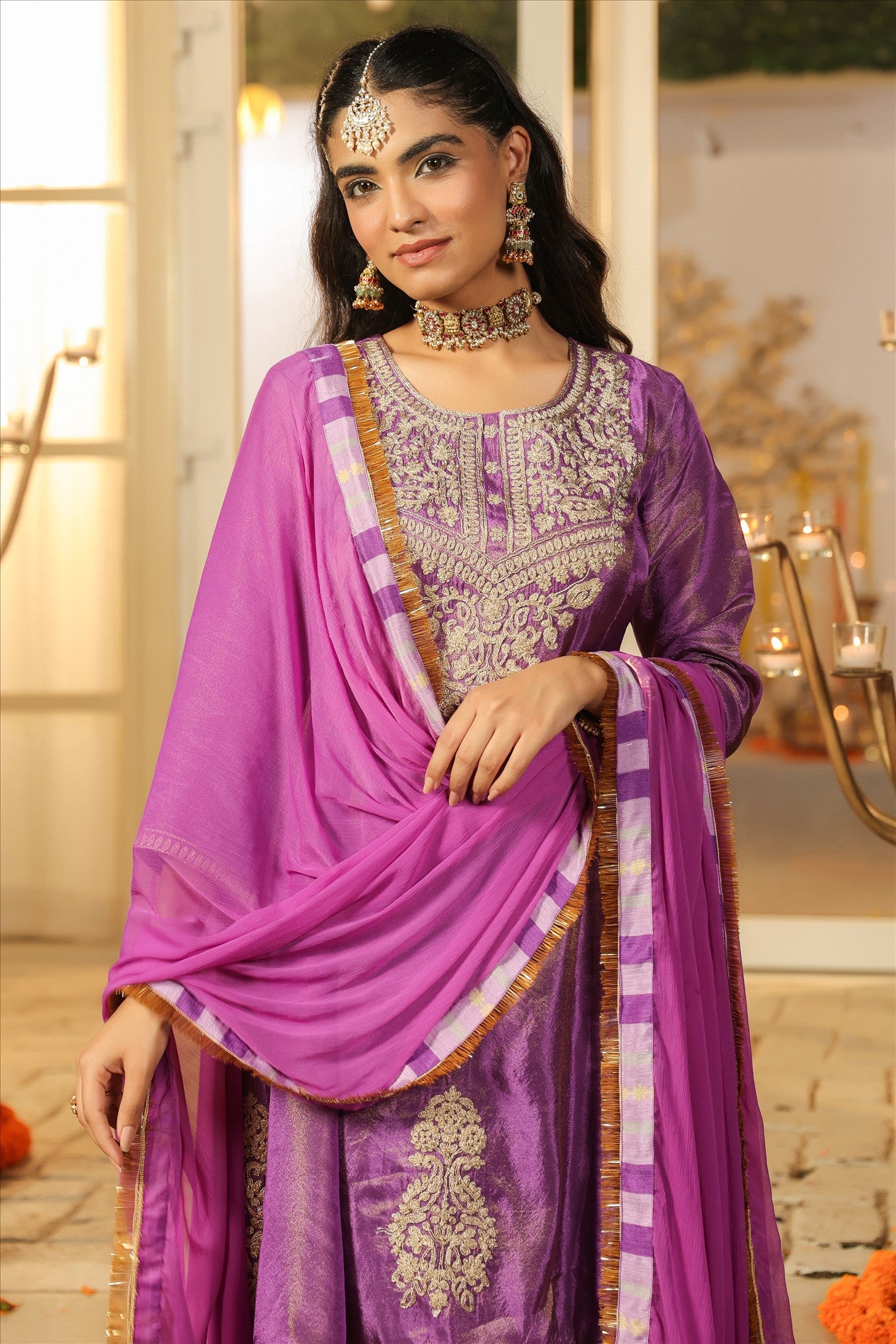 Purple Shimmer Tissue Silk Embroidered Anarkali Suit Set