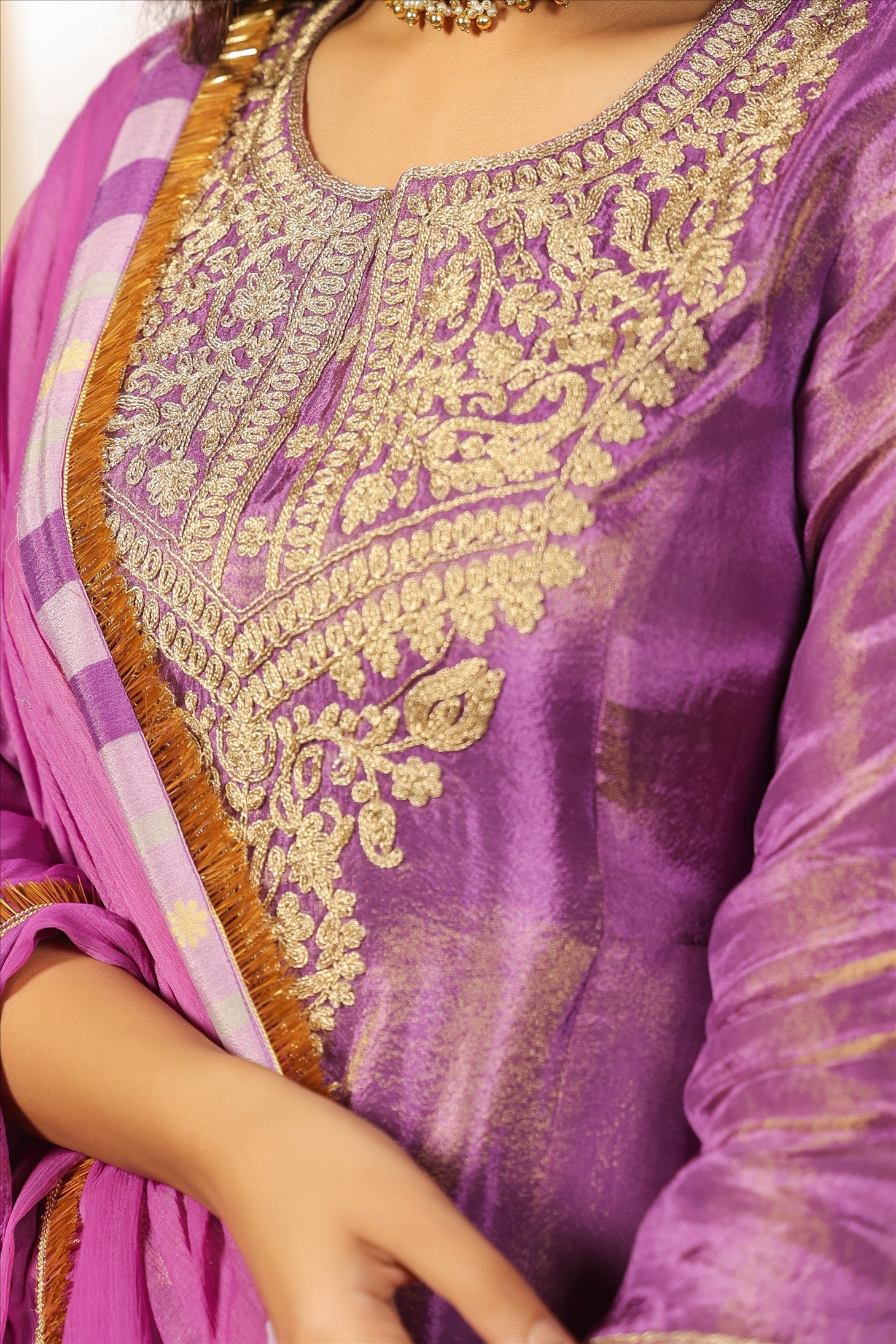 Purple Shimmer Tissue Silk Embroidered Anarkali Suit Set