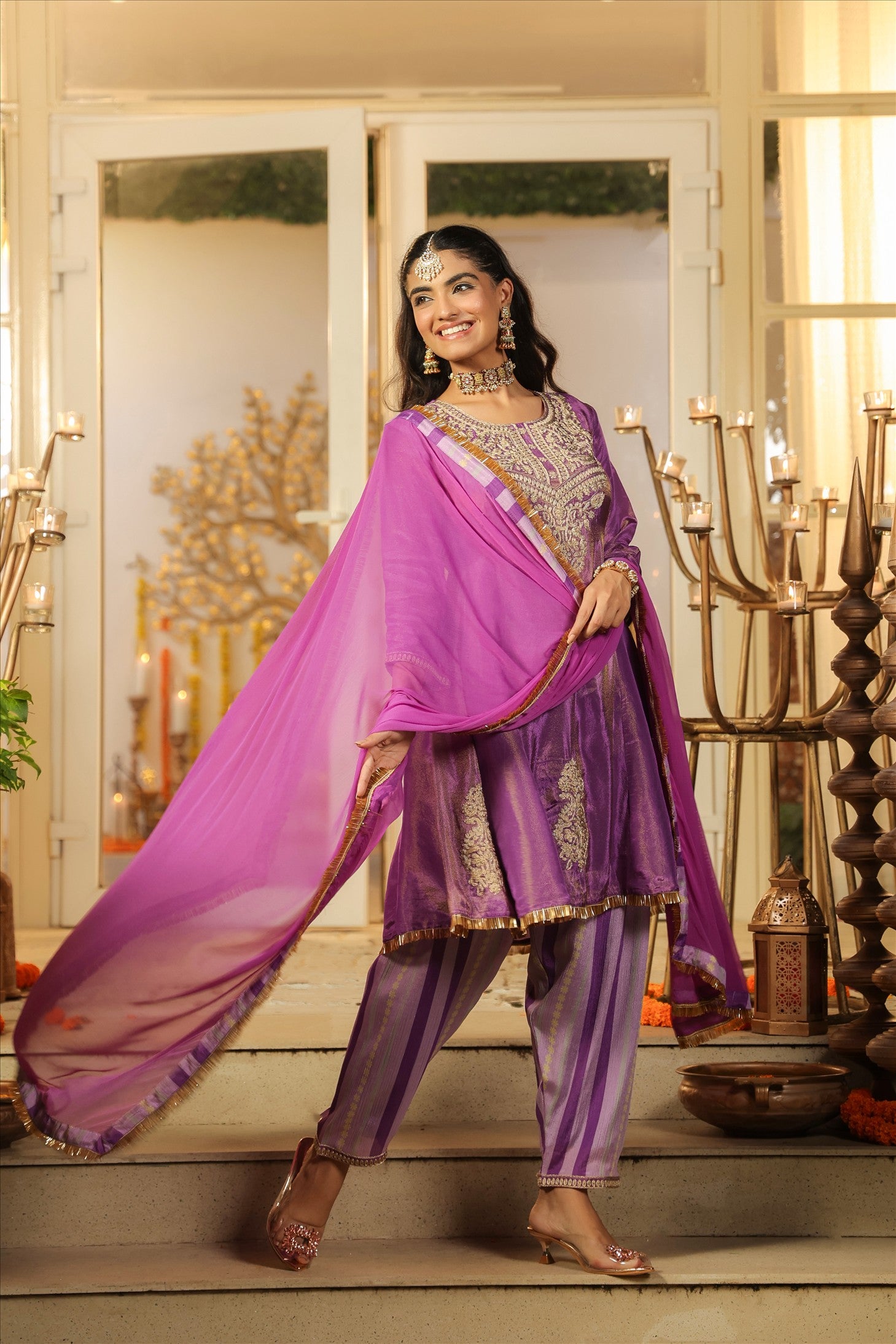 Purple Shimmer Tissue Silk Embroidered Anarkali Suit Set