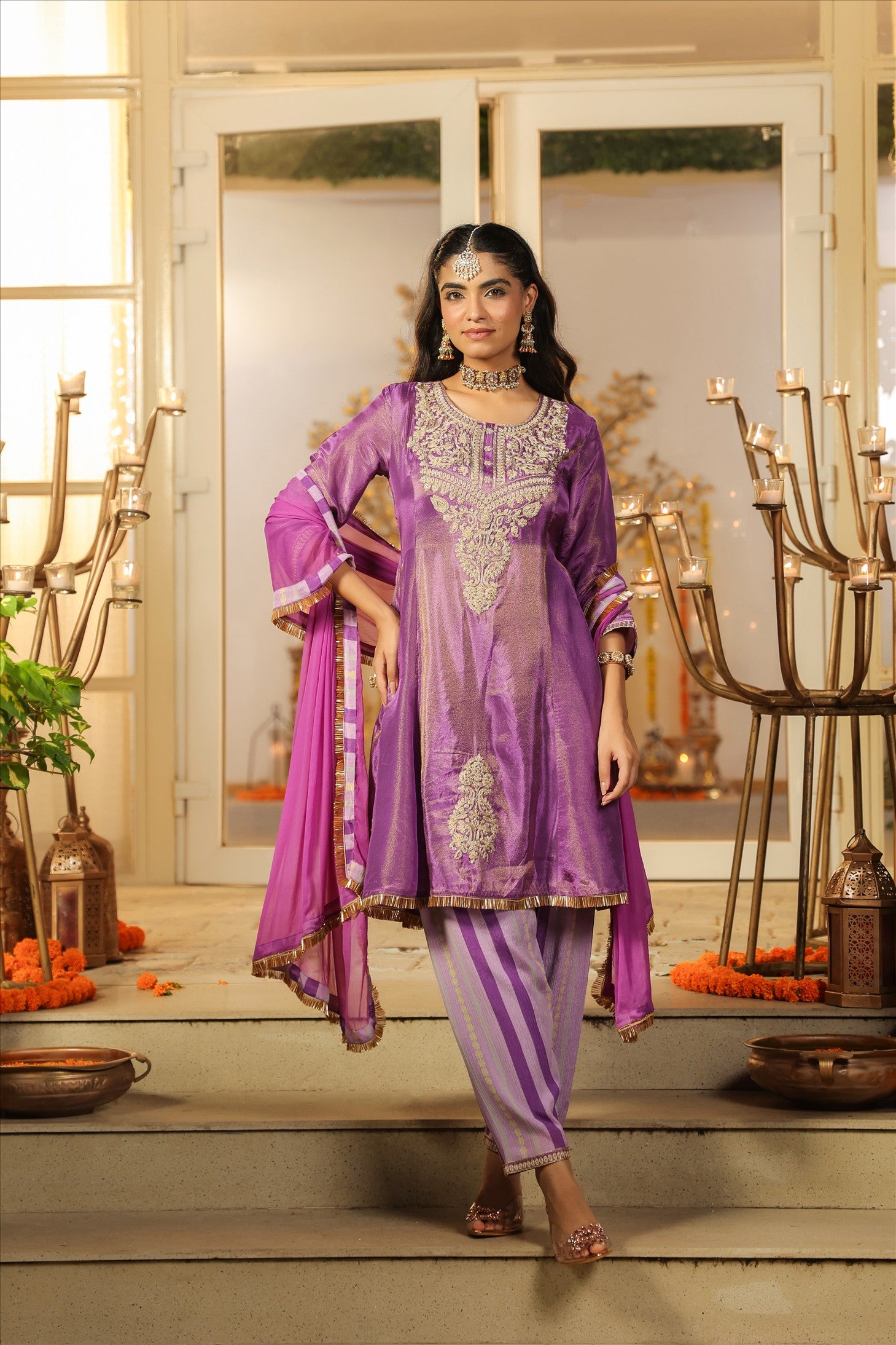 Purple Shimmer Tissue Silk Embroidered Anarkali Suit Set