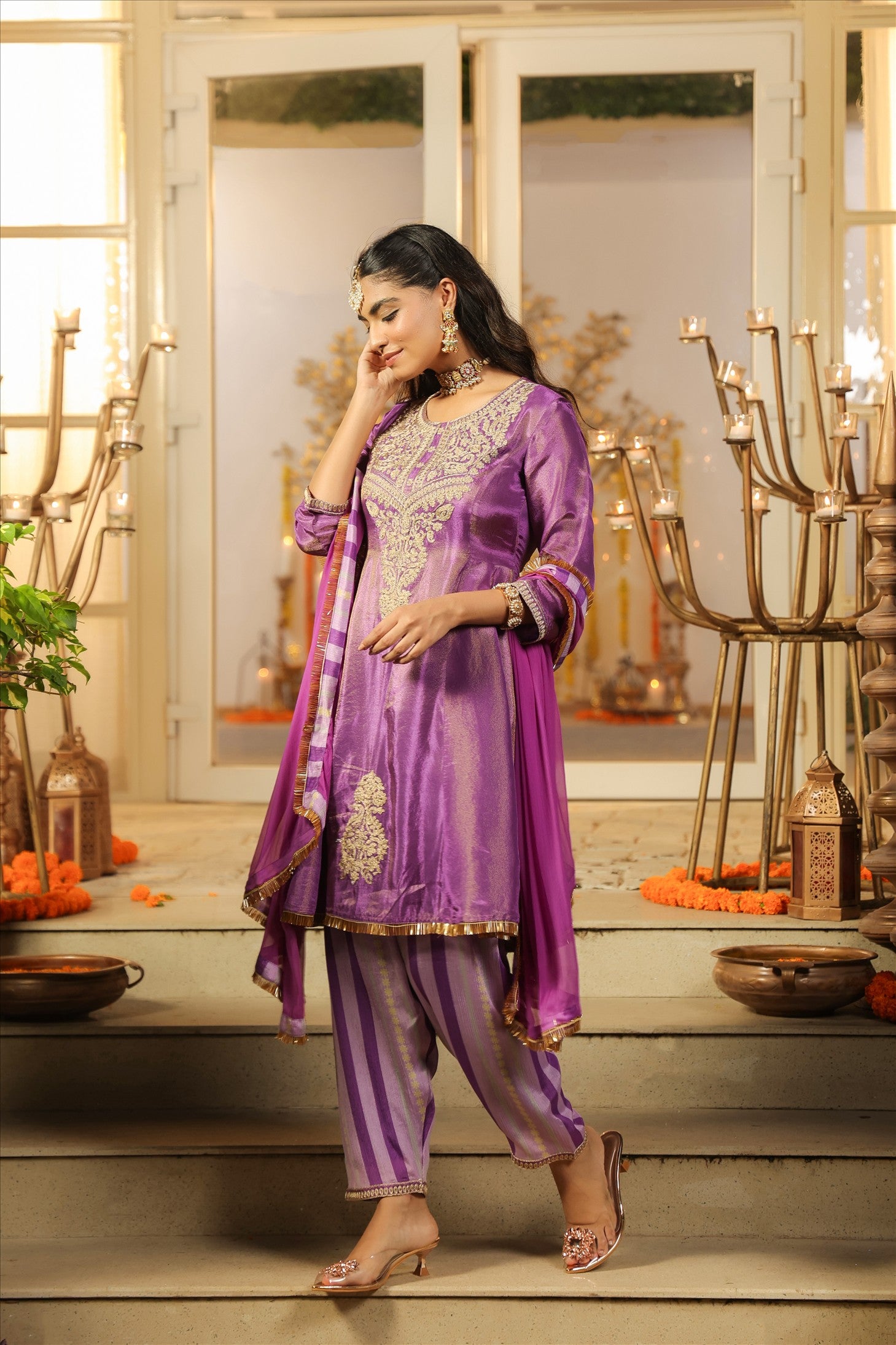 Purple Shimmer Tissue Silk Embroidered Anarkali Suit Set