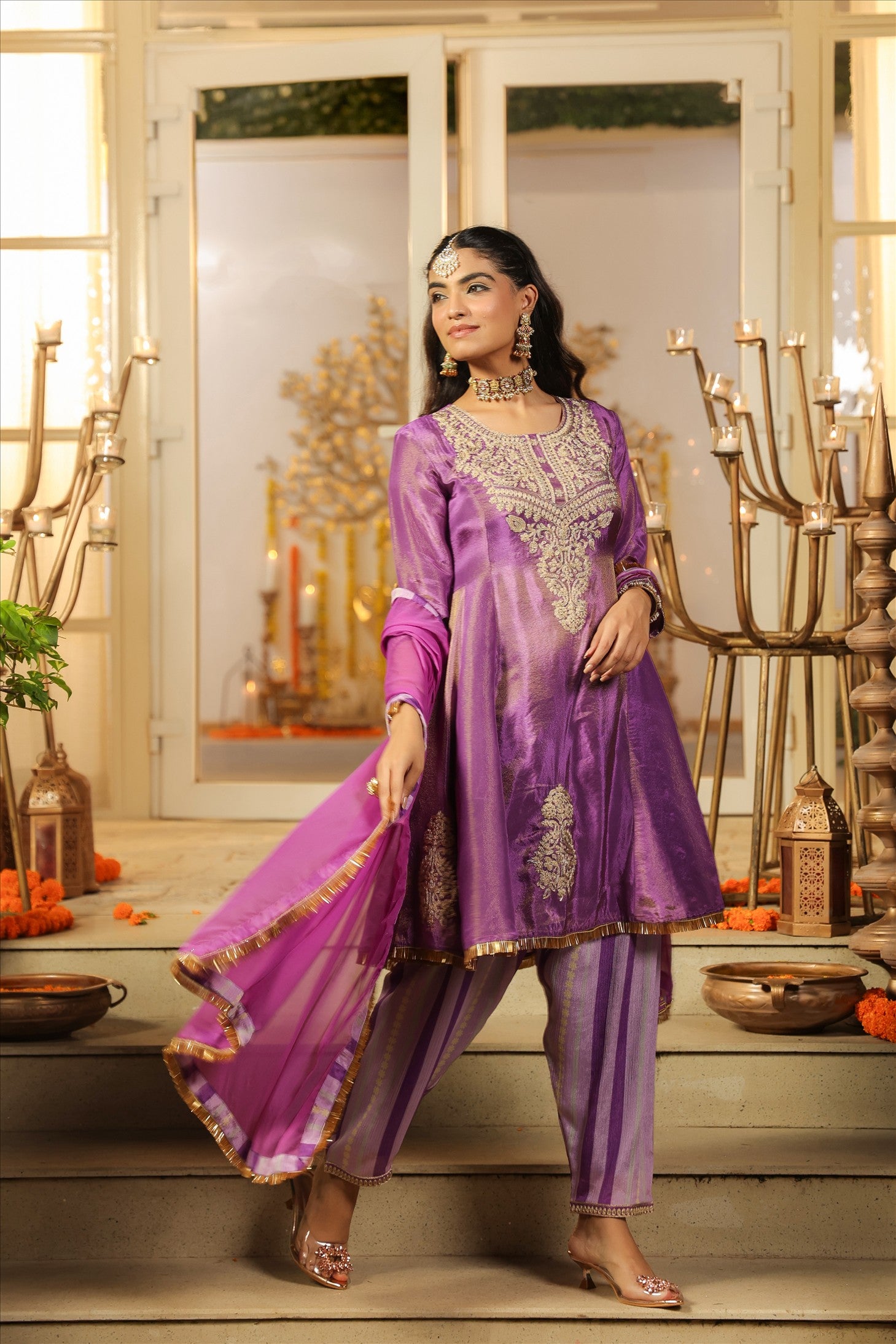 Purple Shimmer Tissue Silk Embroidered Anarkali Suit Set
