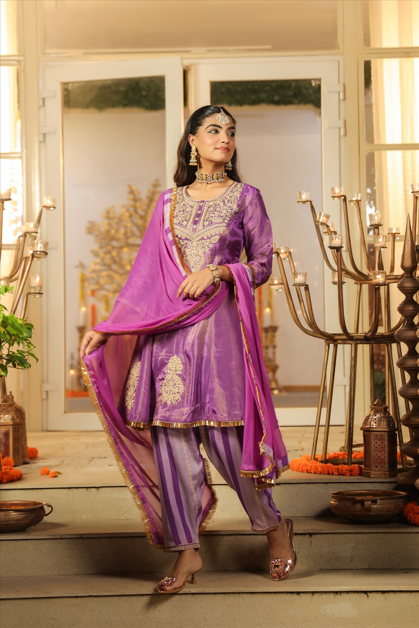 Purple Shimmer Tissue Silk Embroidered Anarkali Suit Set
