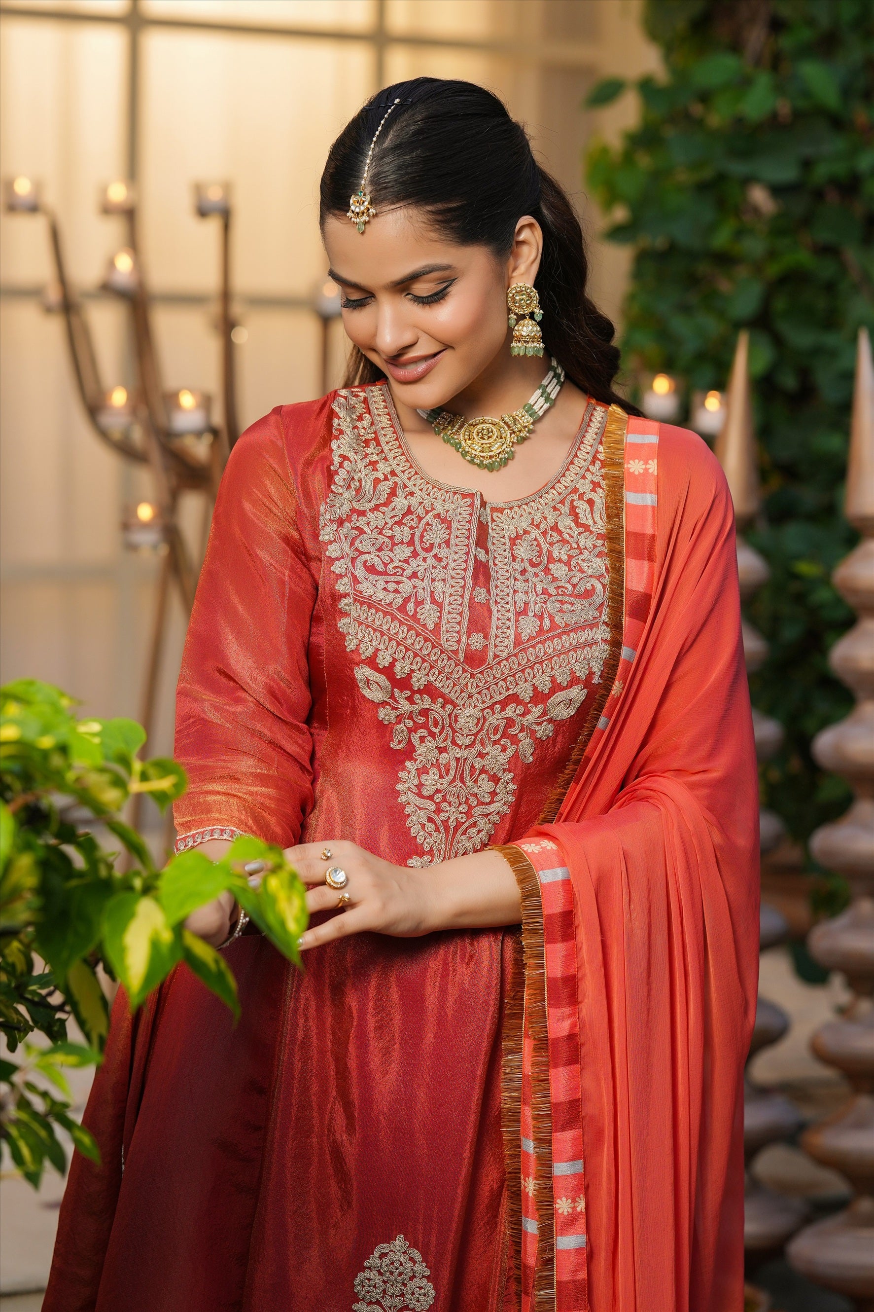 Rust Orange Shimmer Tissue Silk Embroidered Anarkali Suit Set