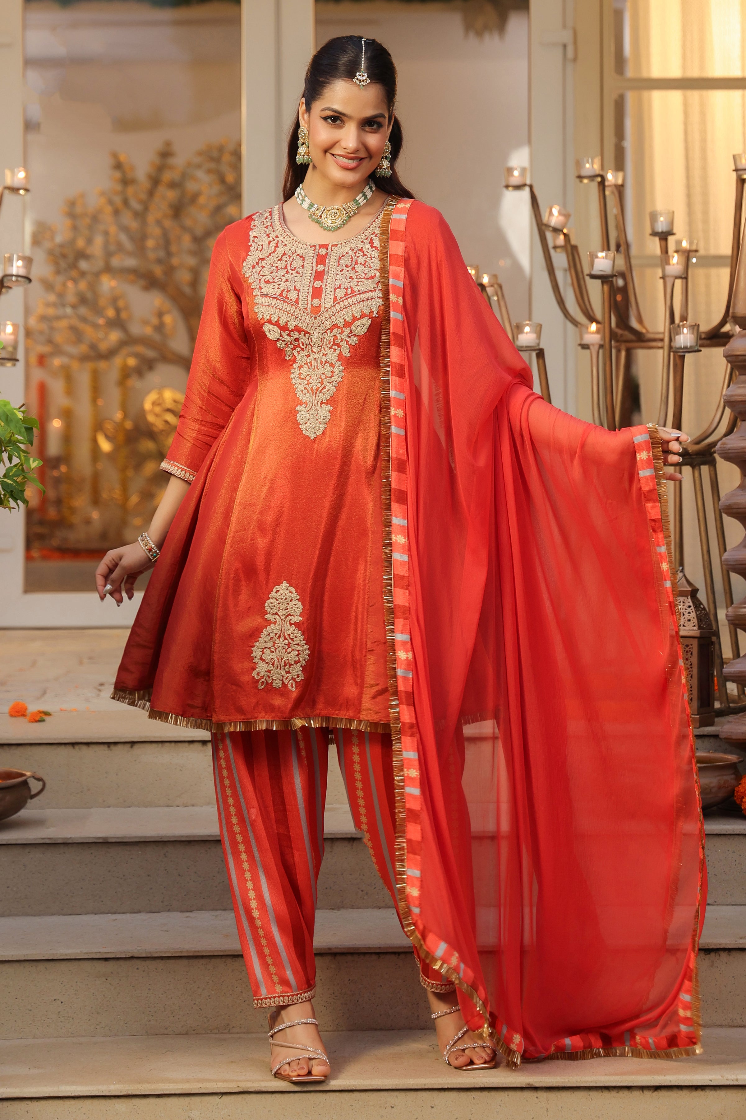 Rust Orange Shimmer Tissue Silk Embroidered Anarkali Suit Set