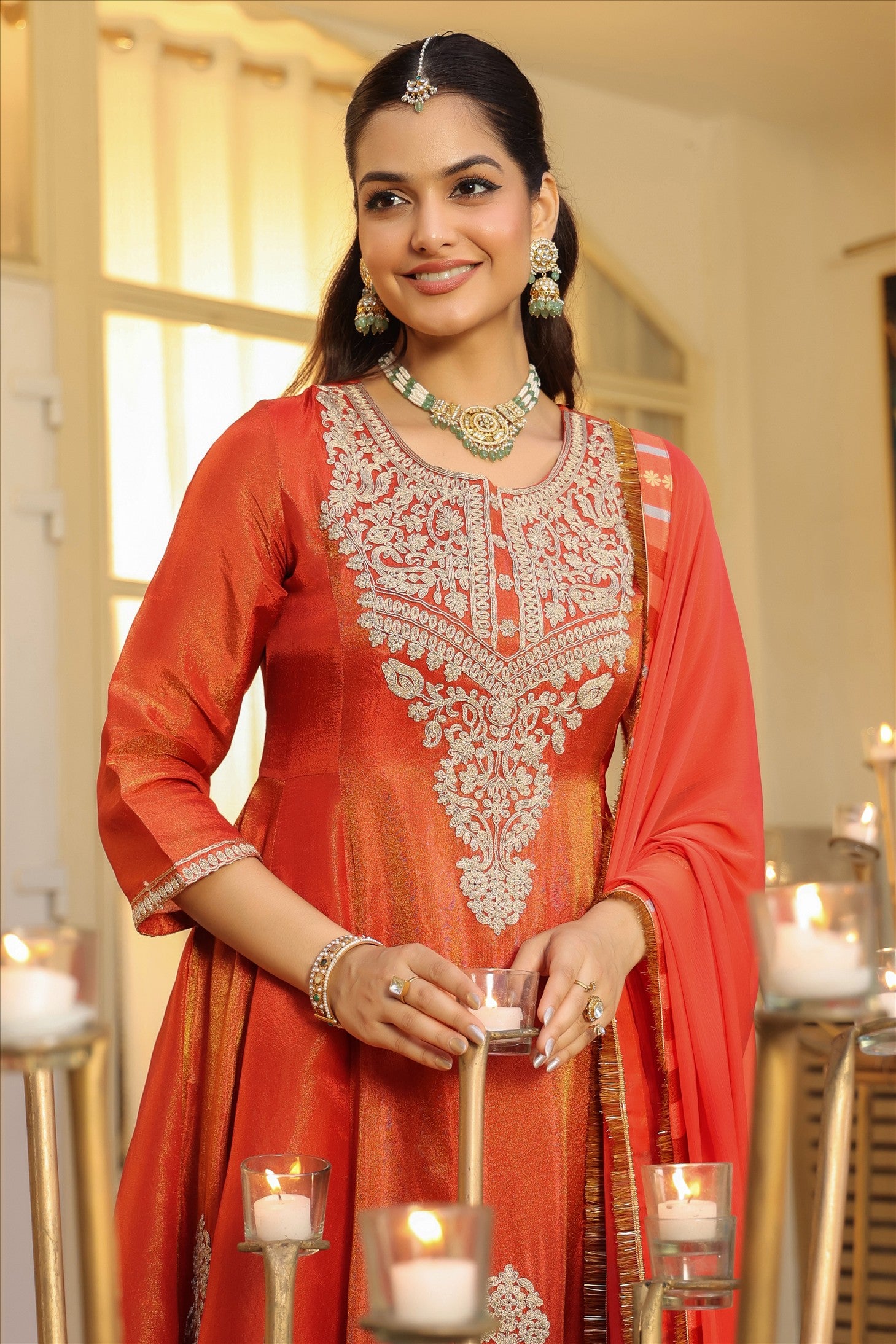 Rust Orange Shimmer Tissue Silk Embroidered Anarkali Suit Set
