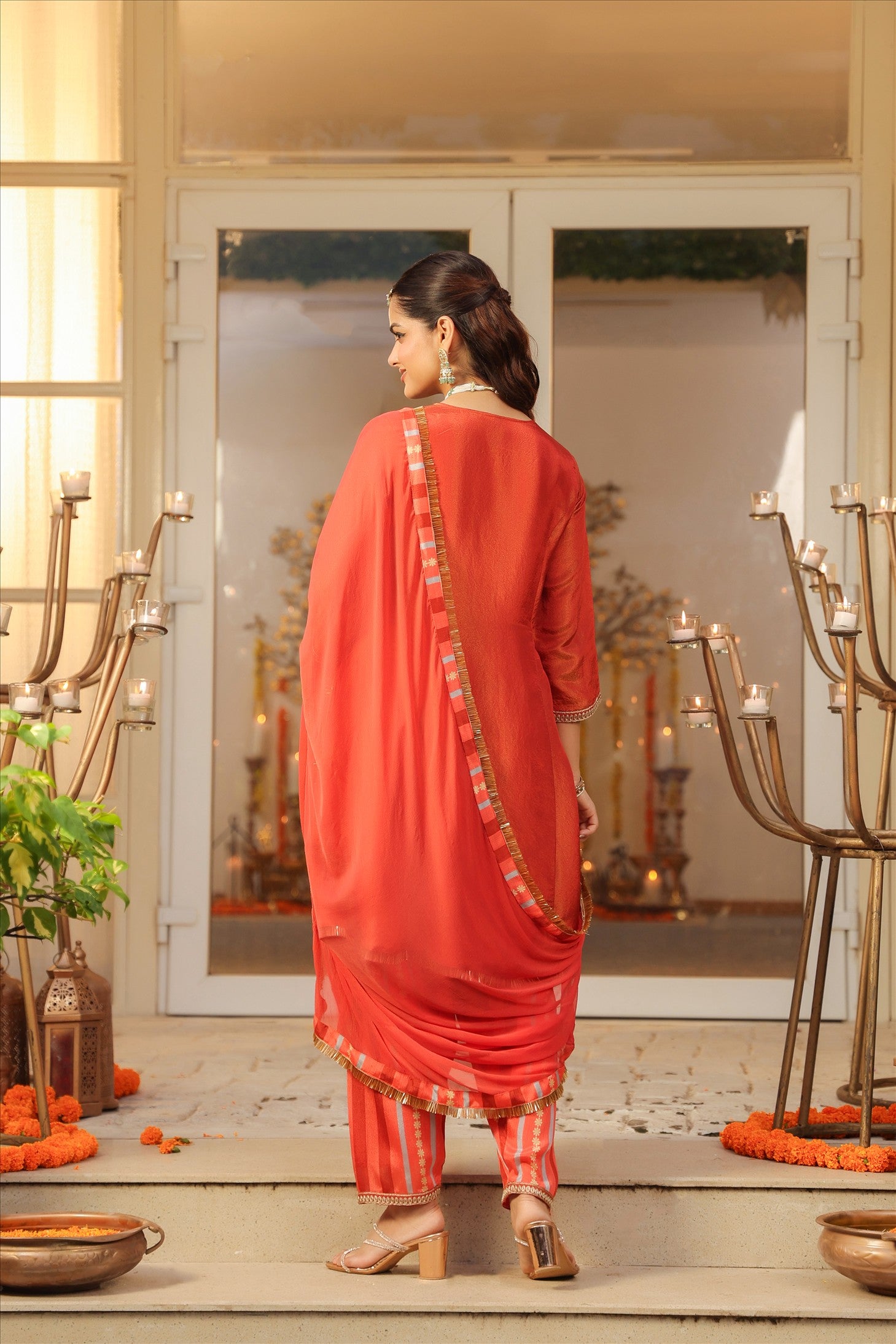 Rust Orange Shimmer Tissue Silk Embroidered Anarkali Suit Set