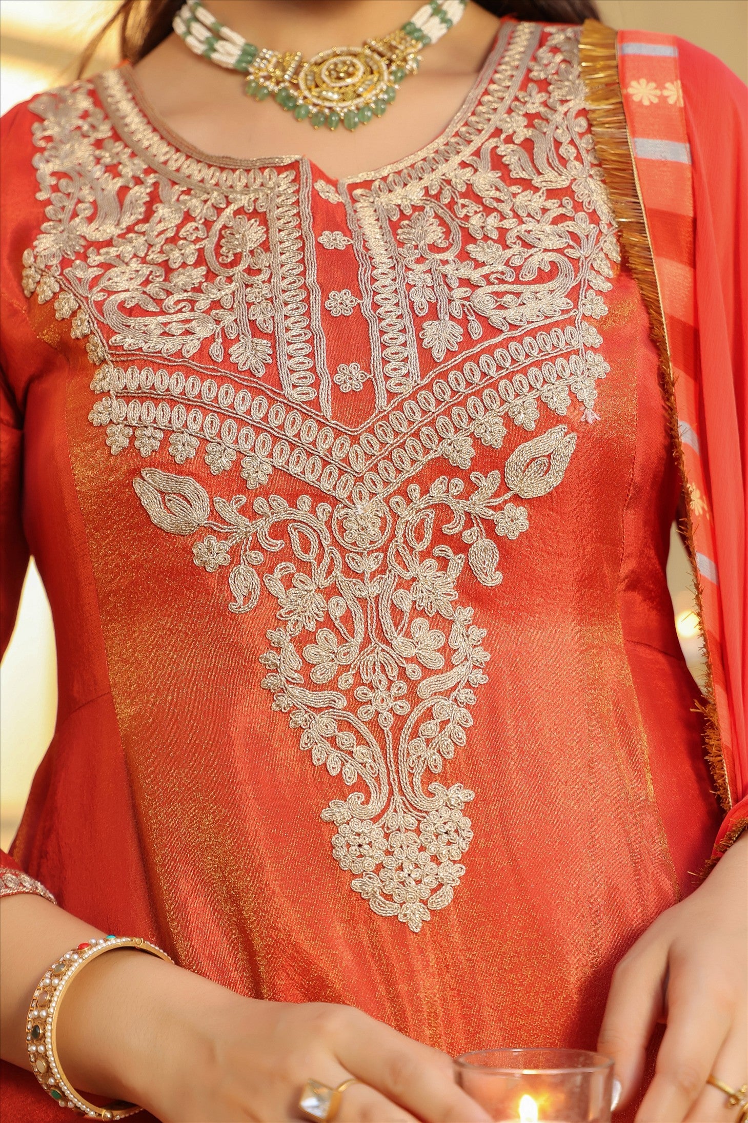 Rust Orange Shimmer Tissue Silk Embroidered Anarkali Suit Set