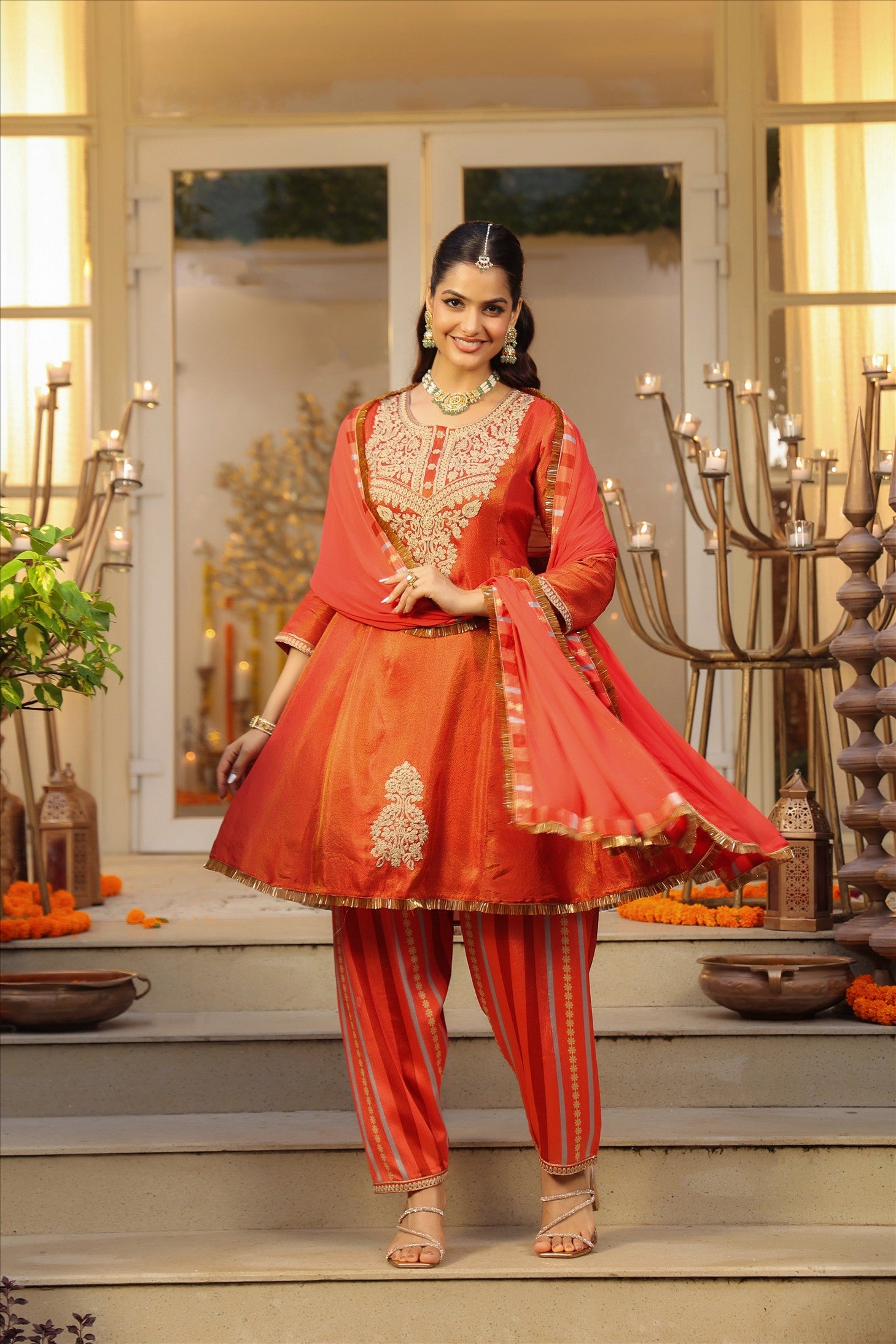 Rust Orange Shimmer Tissue Silk Embroidered Anarkali Suit Set