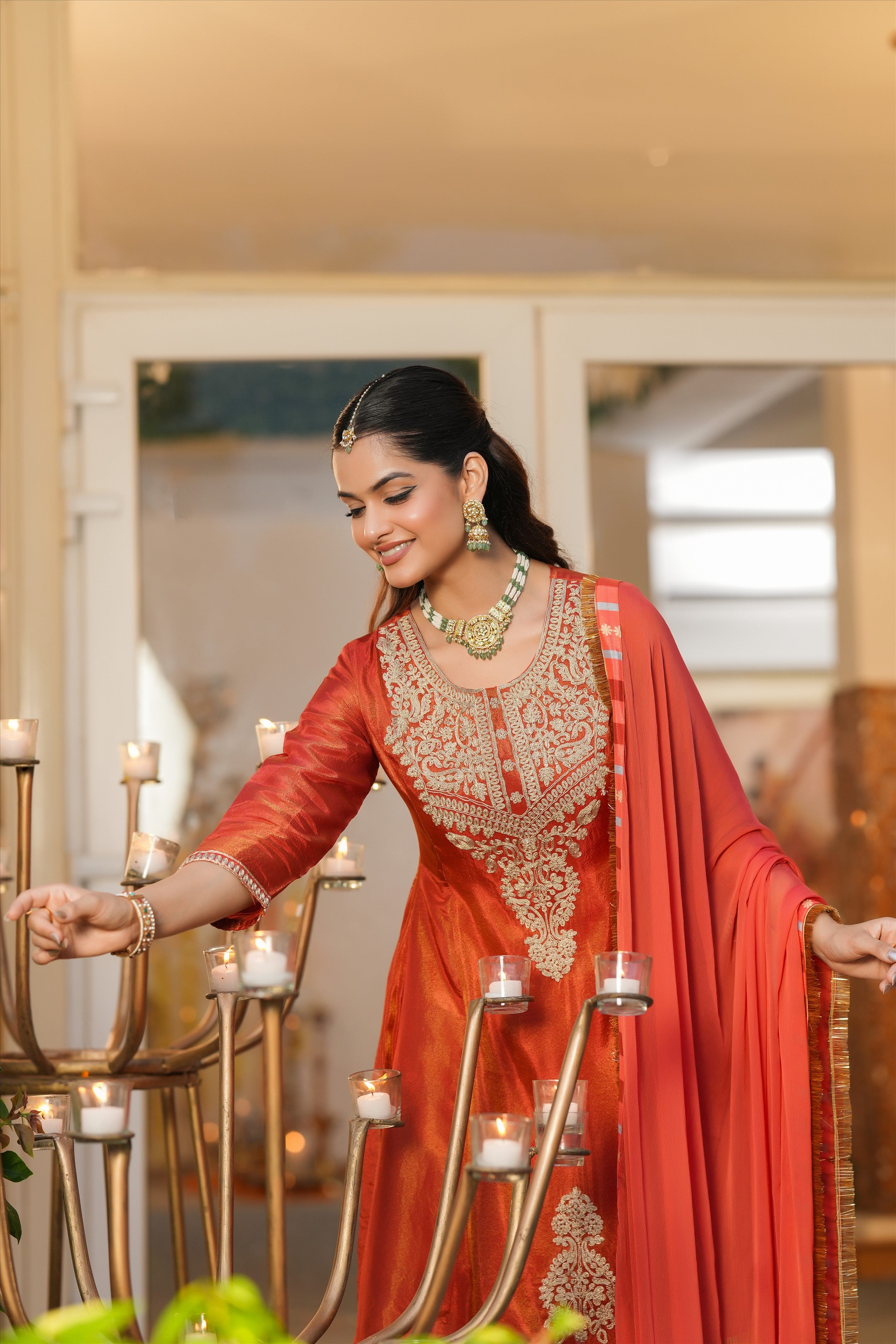 Rust Orange Shimmer Tissue Silk Embroidered Anarkali Suit Set