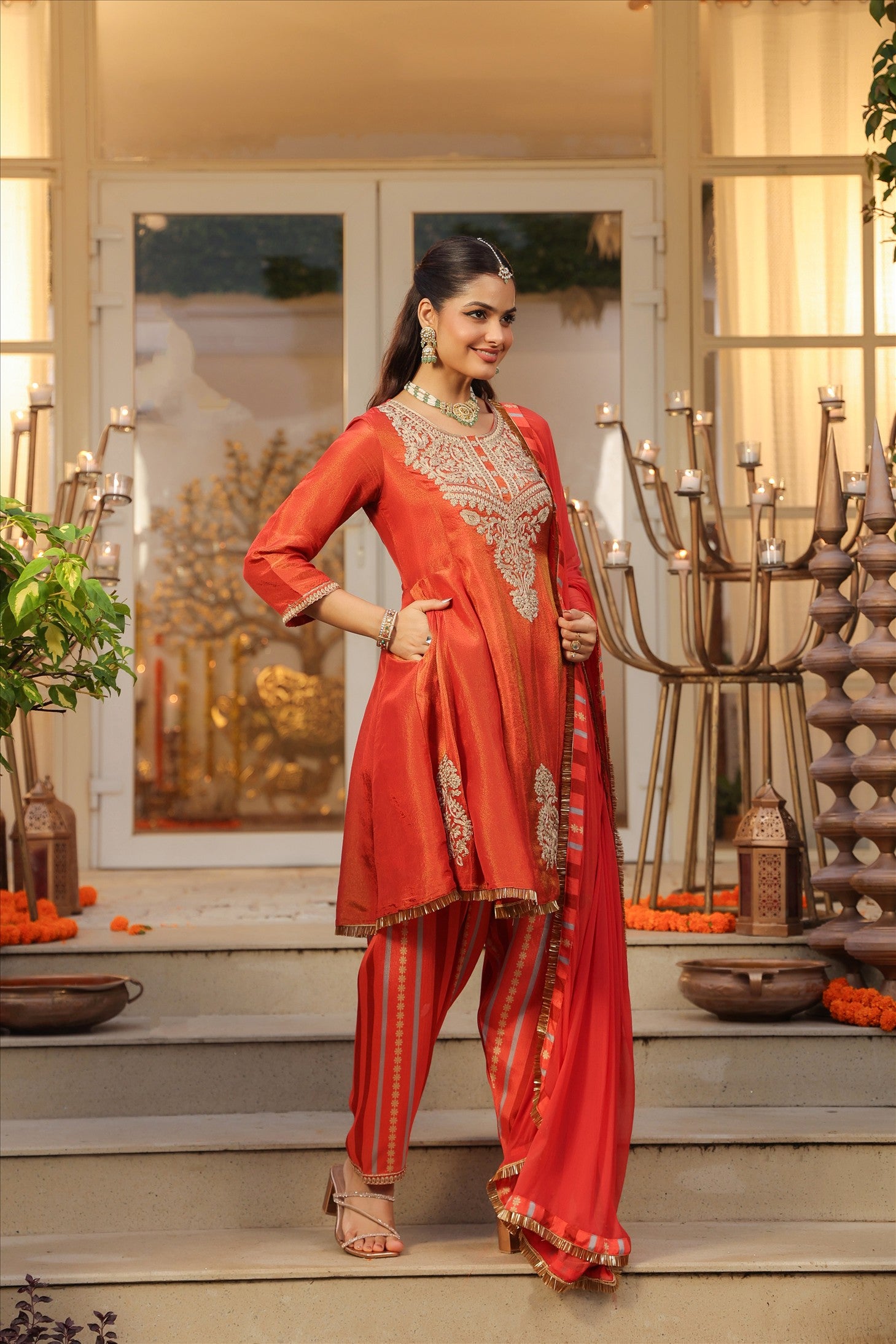 Rust Orange Shimmer Tissue Silk Embroidered Anarkali Suit Set