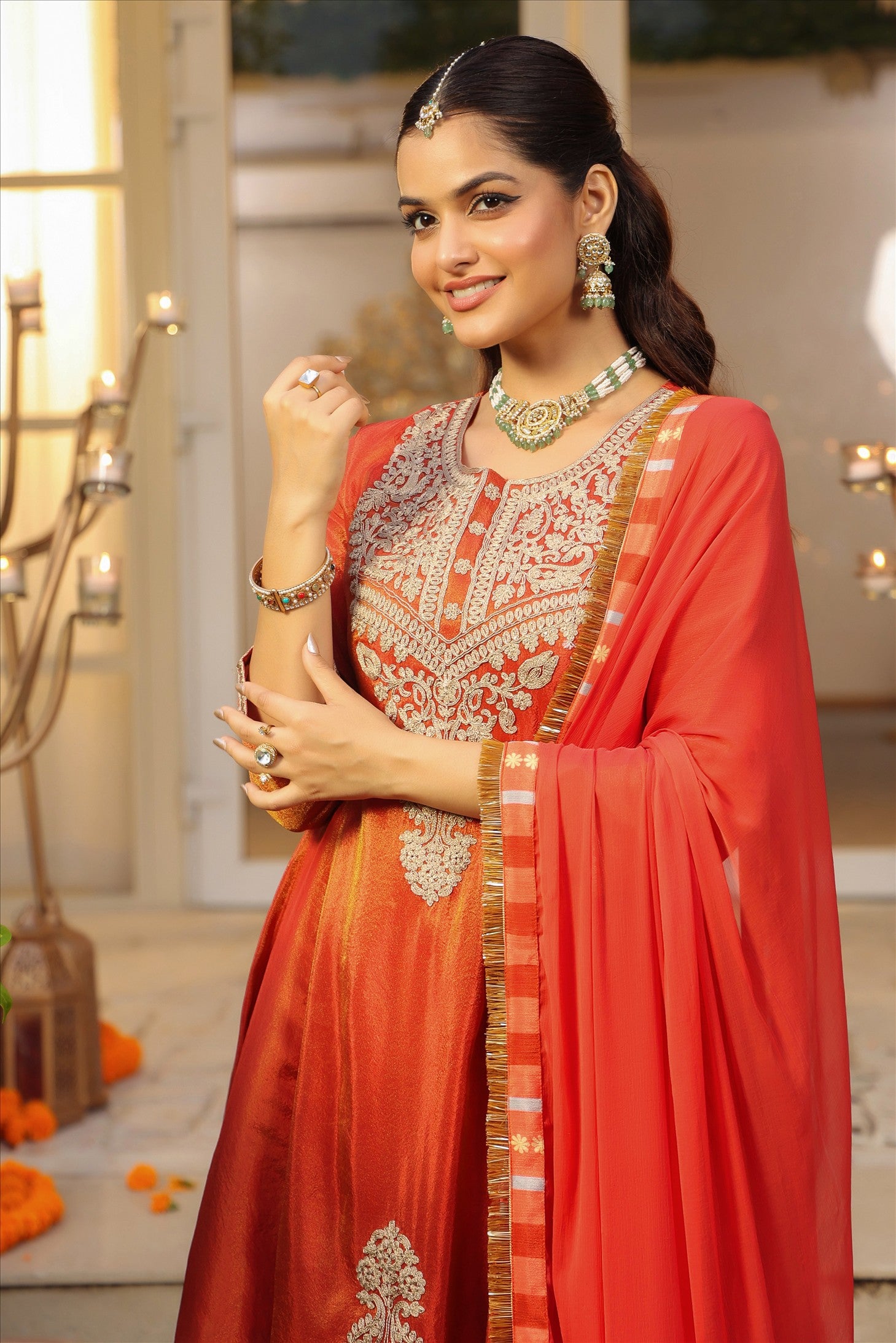 Rust Orange Shimmer Tissue Silk Embroidered Anarkali Suit Set