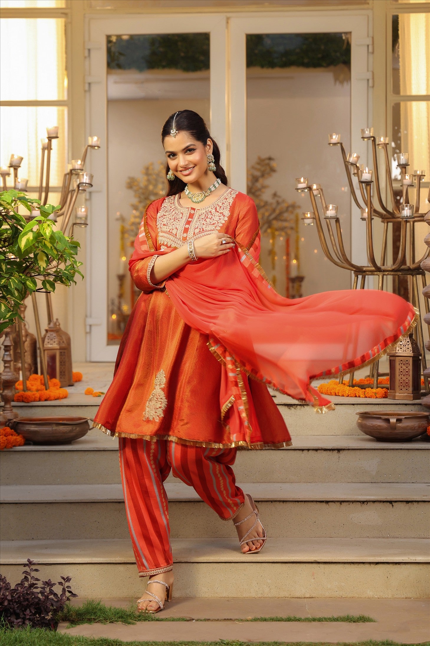 Rust Orange Shimmer Tissue Silk Embroidered Anarkali Suit Set