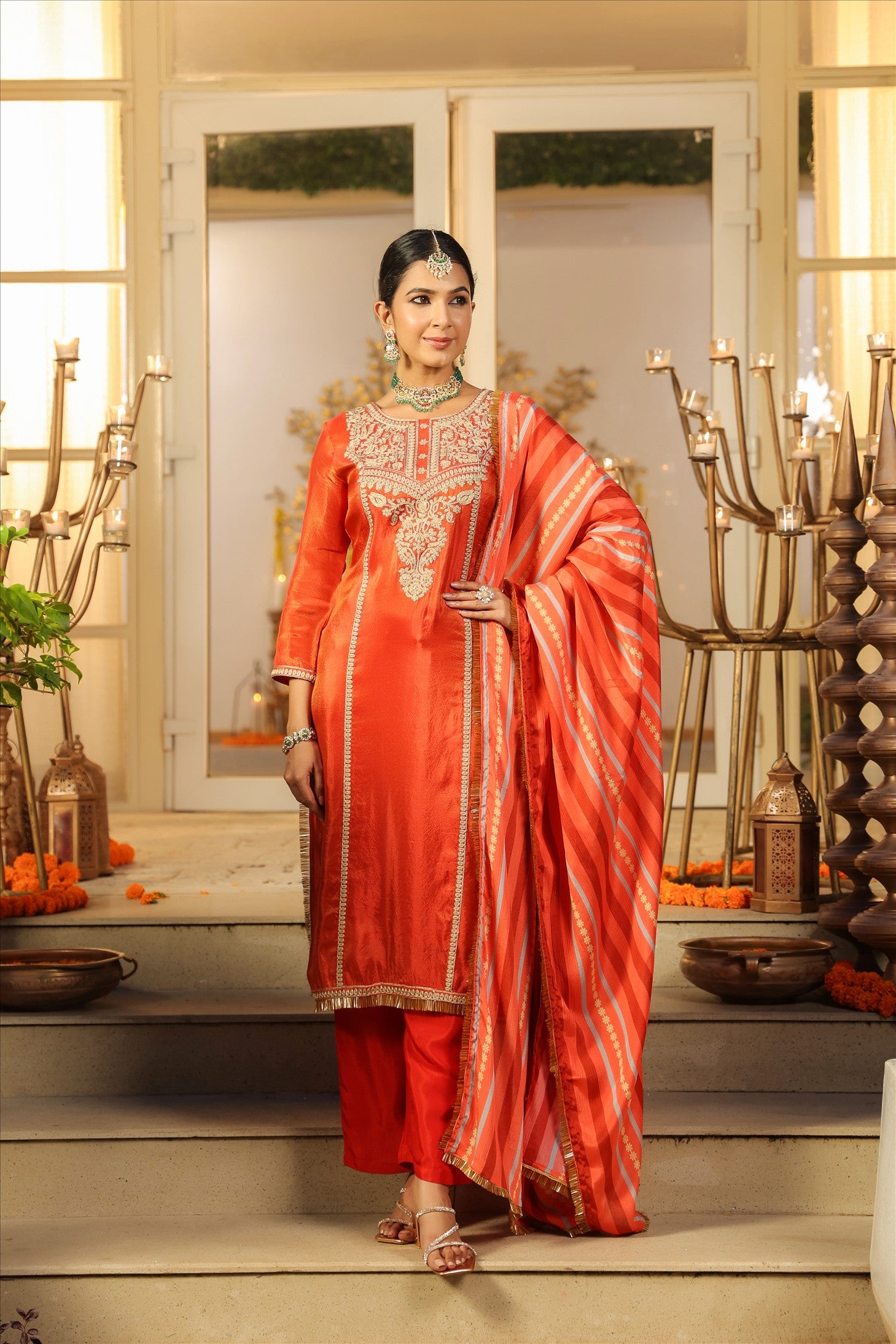 Rust Orange Shimmer Tissue Silk Embroidered Straight Suit Set