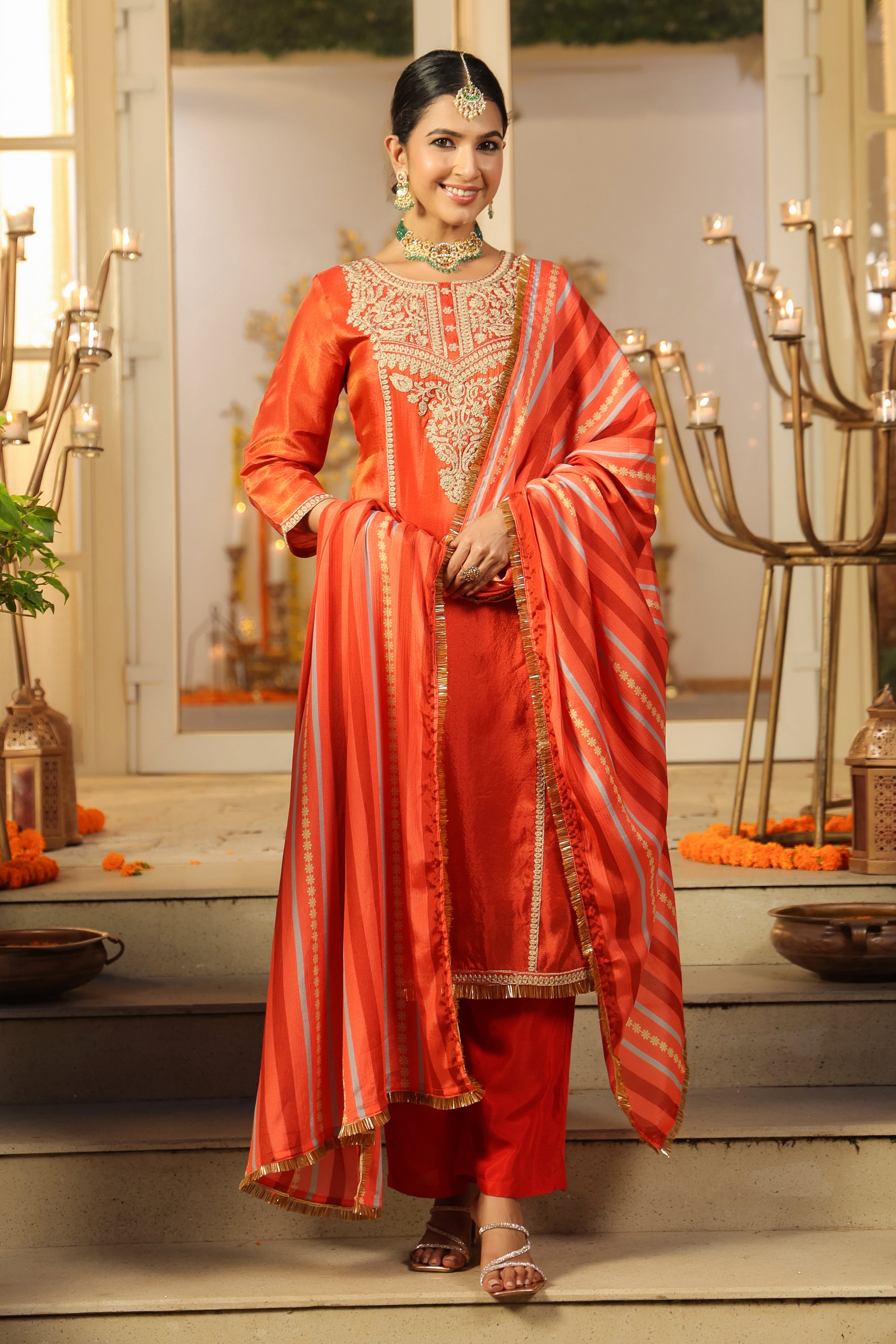 Rust Orange Shimmer Tissue Silk Embroidered Straight Suit Set