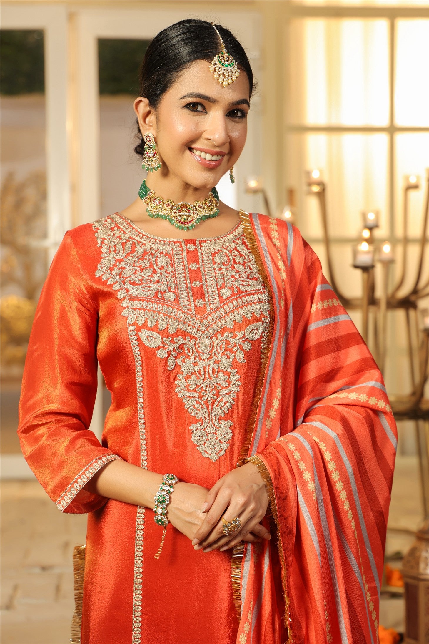 Rust Orange Shimmer Tissue Silk Embroidered Straight Suit Set