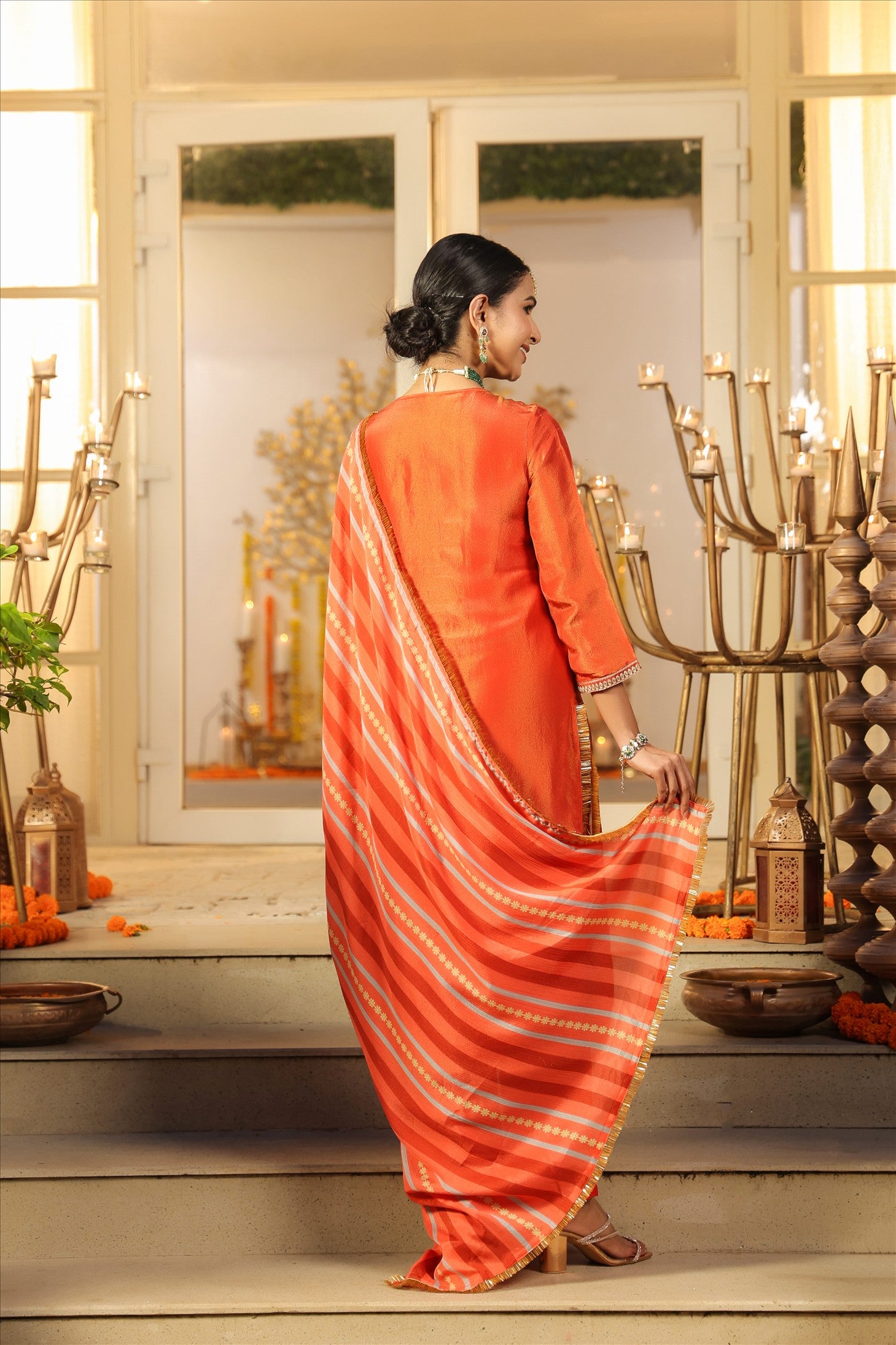 Rust Orange Shimmer Tissue Silk Embroidered Straight Suit Set