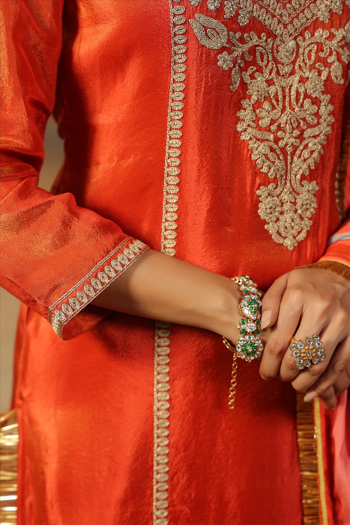 Rust Orange Shimmer Tissue Silk Embroidered Straight Suit Set