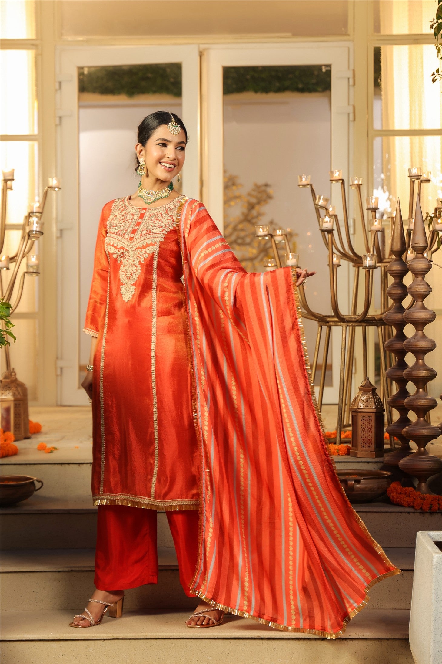 Rust Orange Shimmer Tissue Silk Embroidered Straight Suit Set
