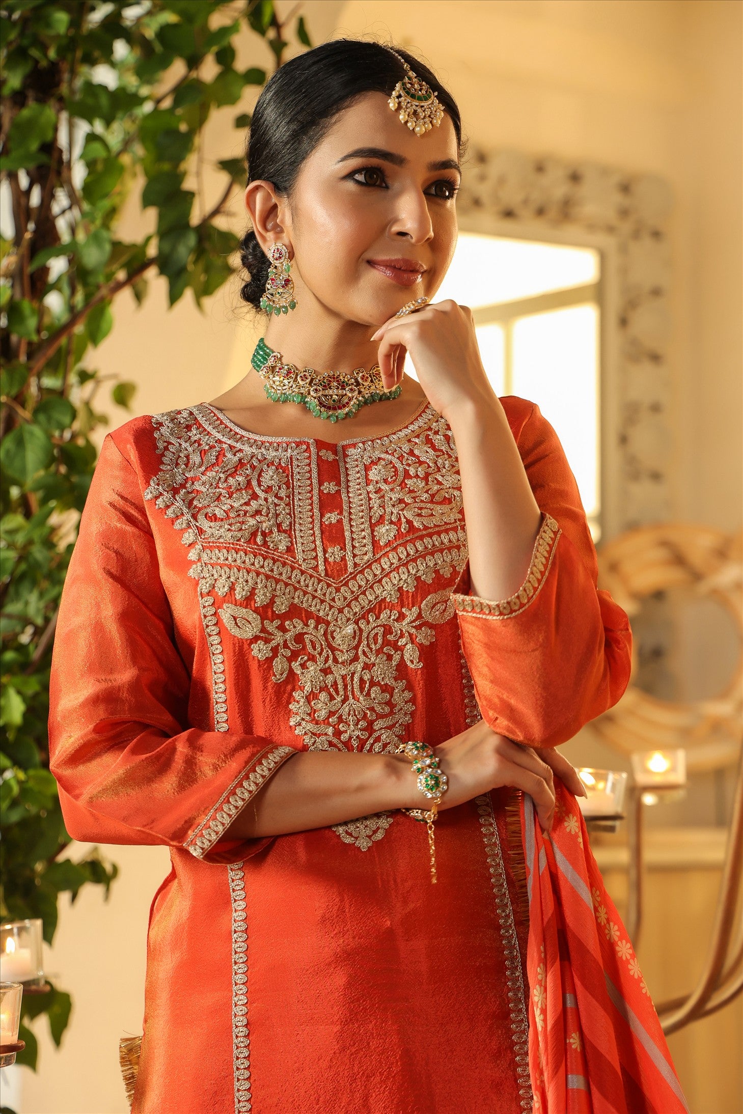 Rust Orange Shimmer Tissue Silk Embroidered Straight Suit Set