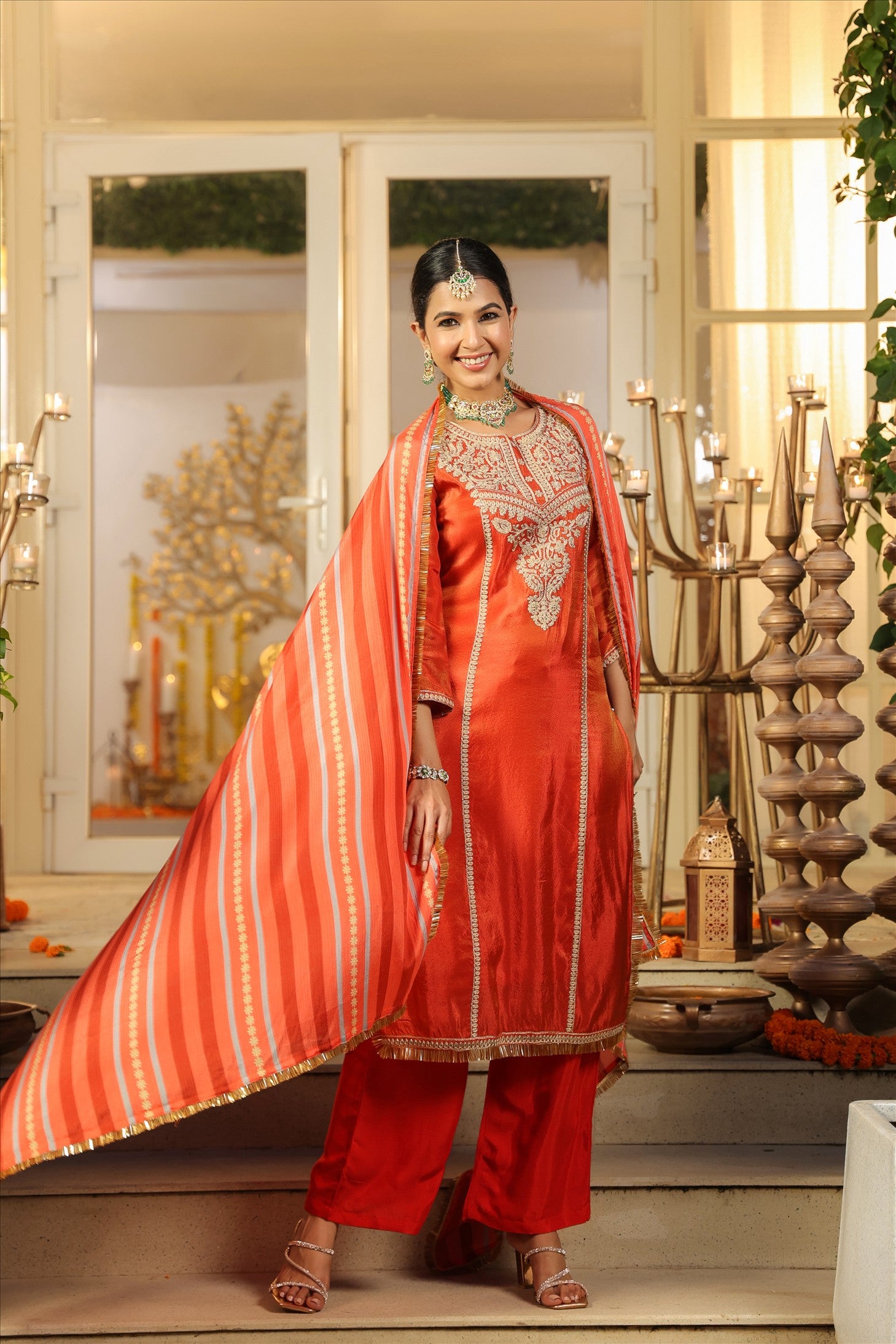 Rust Orange Shimmer Tissue Silk Embroidered Straight Suit Set