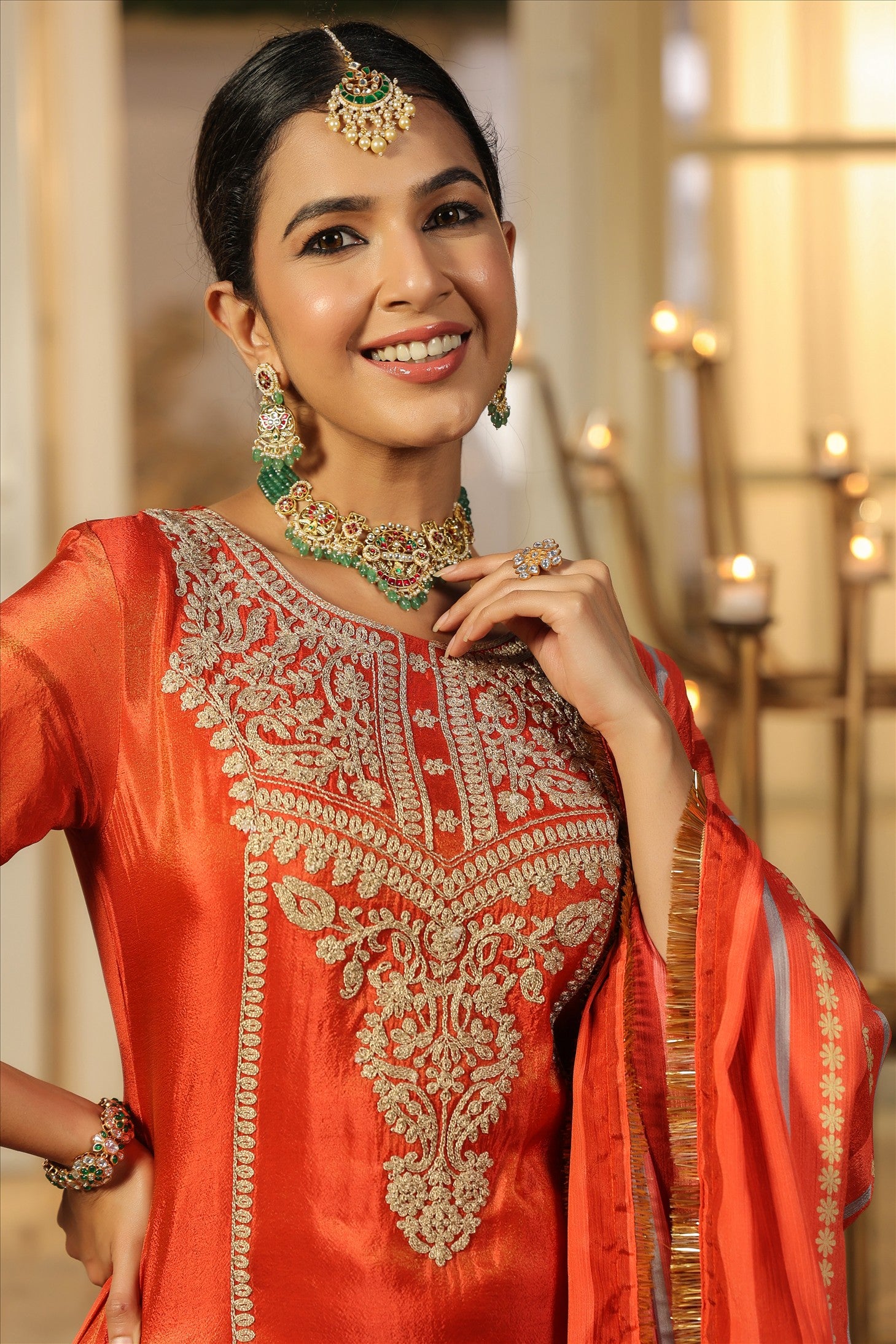 Rust Orange Shimmer Tissue Silk Embroidered Straight Suit Set