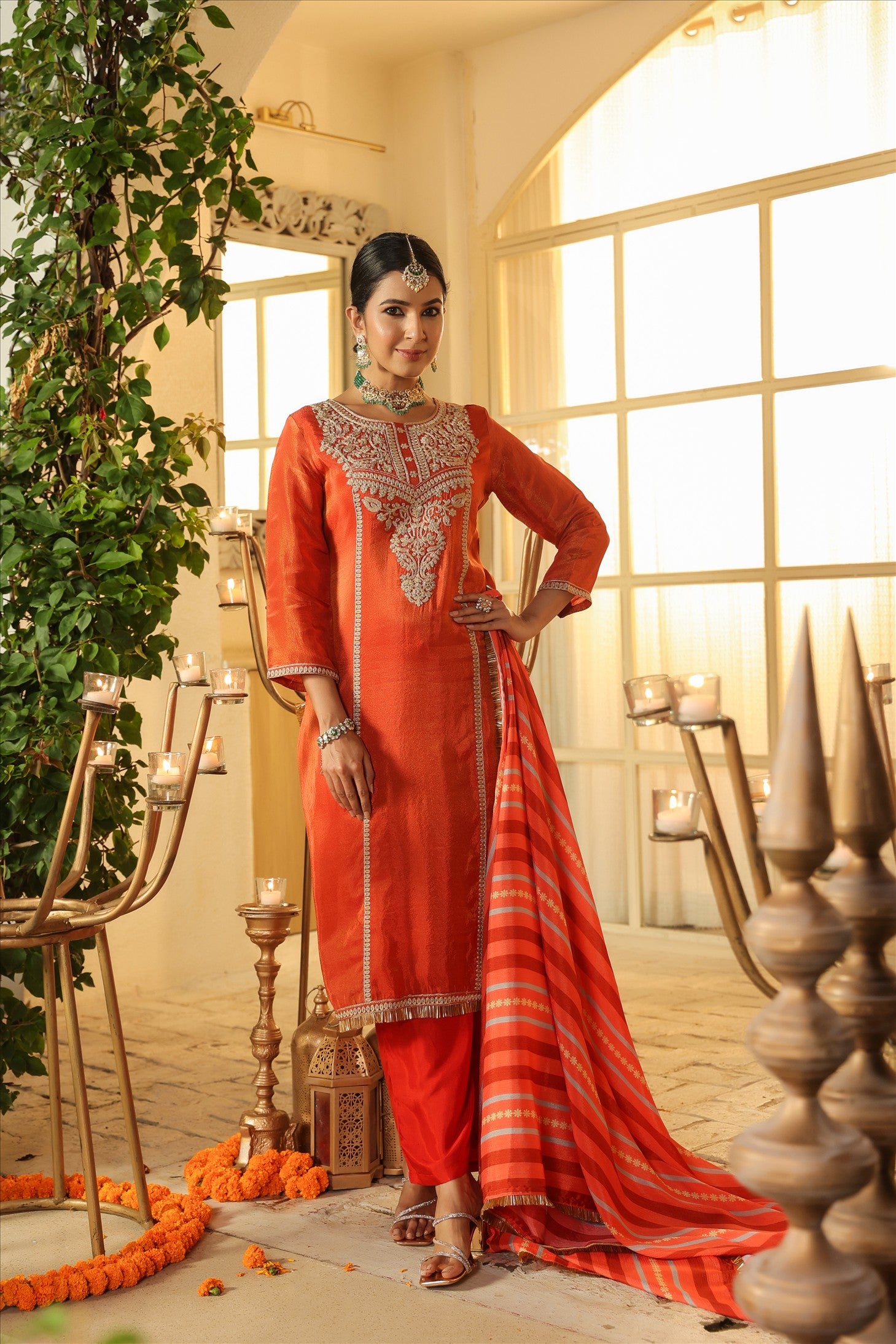 Rust Orange Shimmer Tissue Silk Embroidered Straight Suit Set