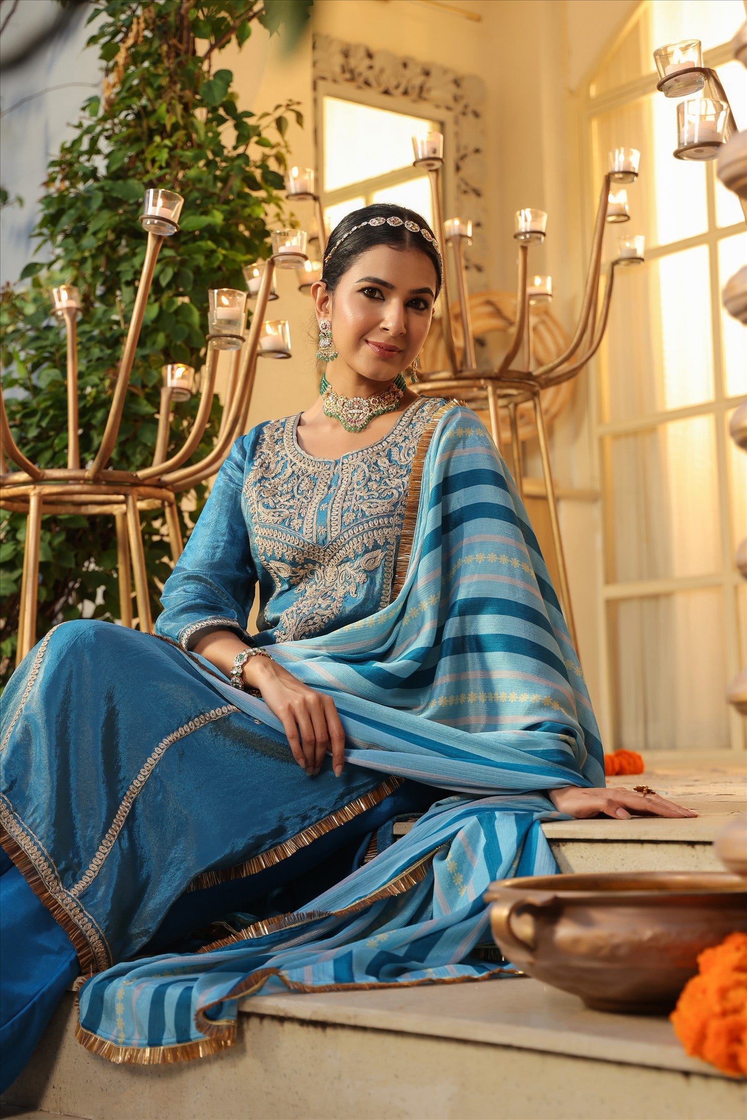 Teal Shimmer Tissue Silk Embroidered Straight Suit Set