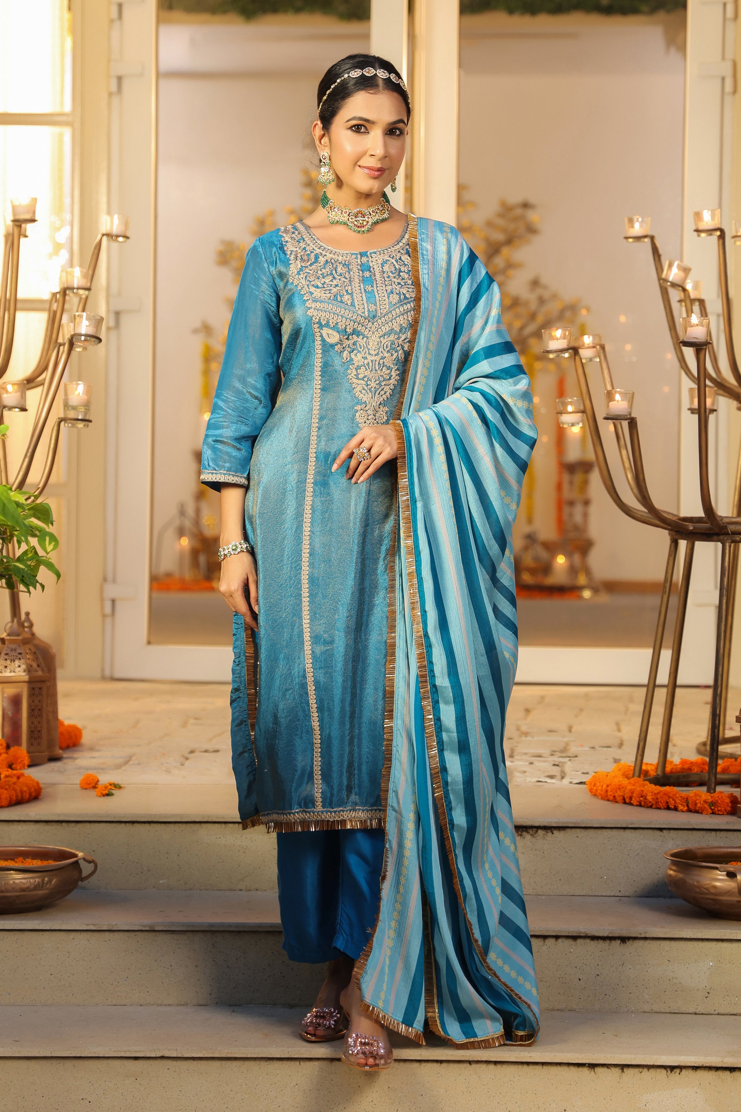 Teal Shimmer Tissue Silk Embroidered Straight Suit Set