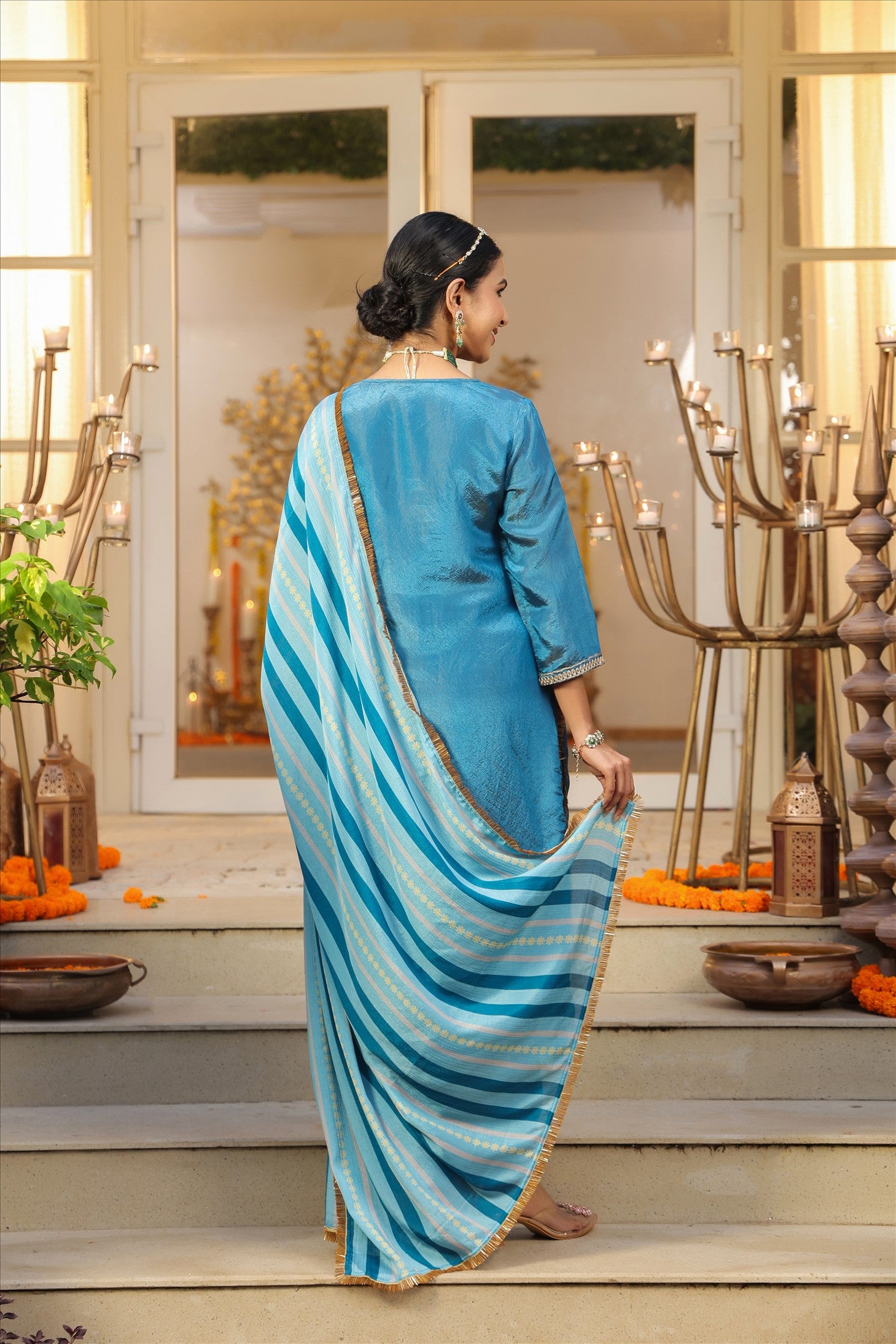 Teal Shimmer Tissue Silk Embroidered Straight Suit Set