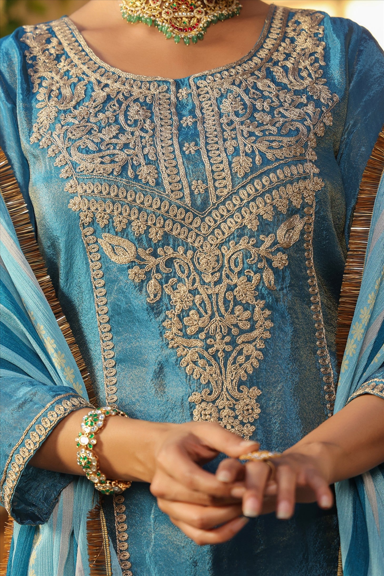 Teal Shimmer Tissue Silk Embroidered Straight Suit Set