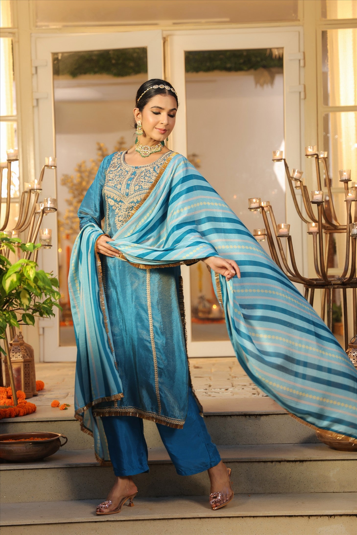 Teal Shimmer Tissue Silk Embroidered Straight Suit Set