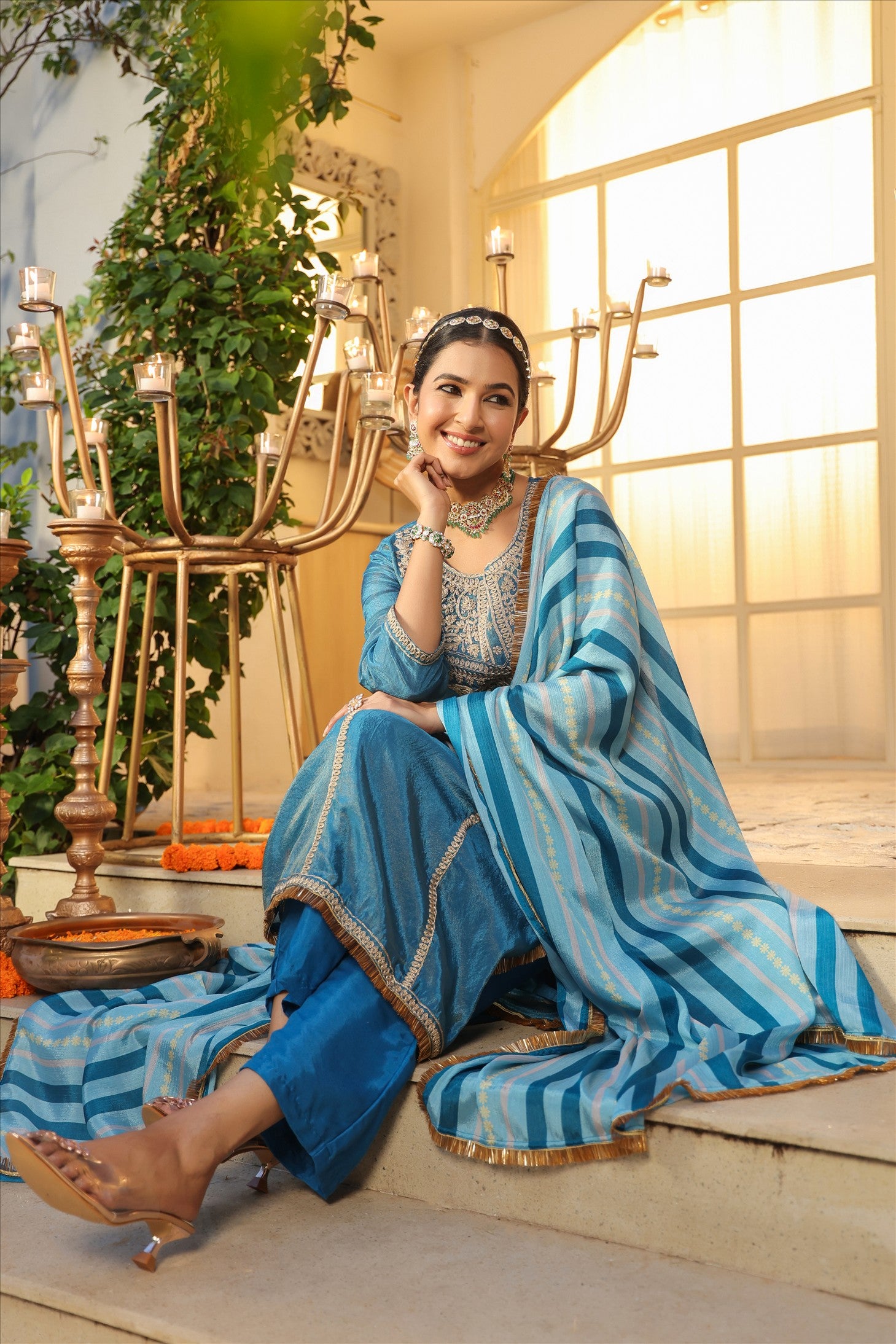 Teal Shimmer Tissue Silk Embroidered Straight Suit Set