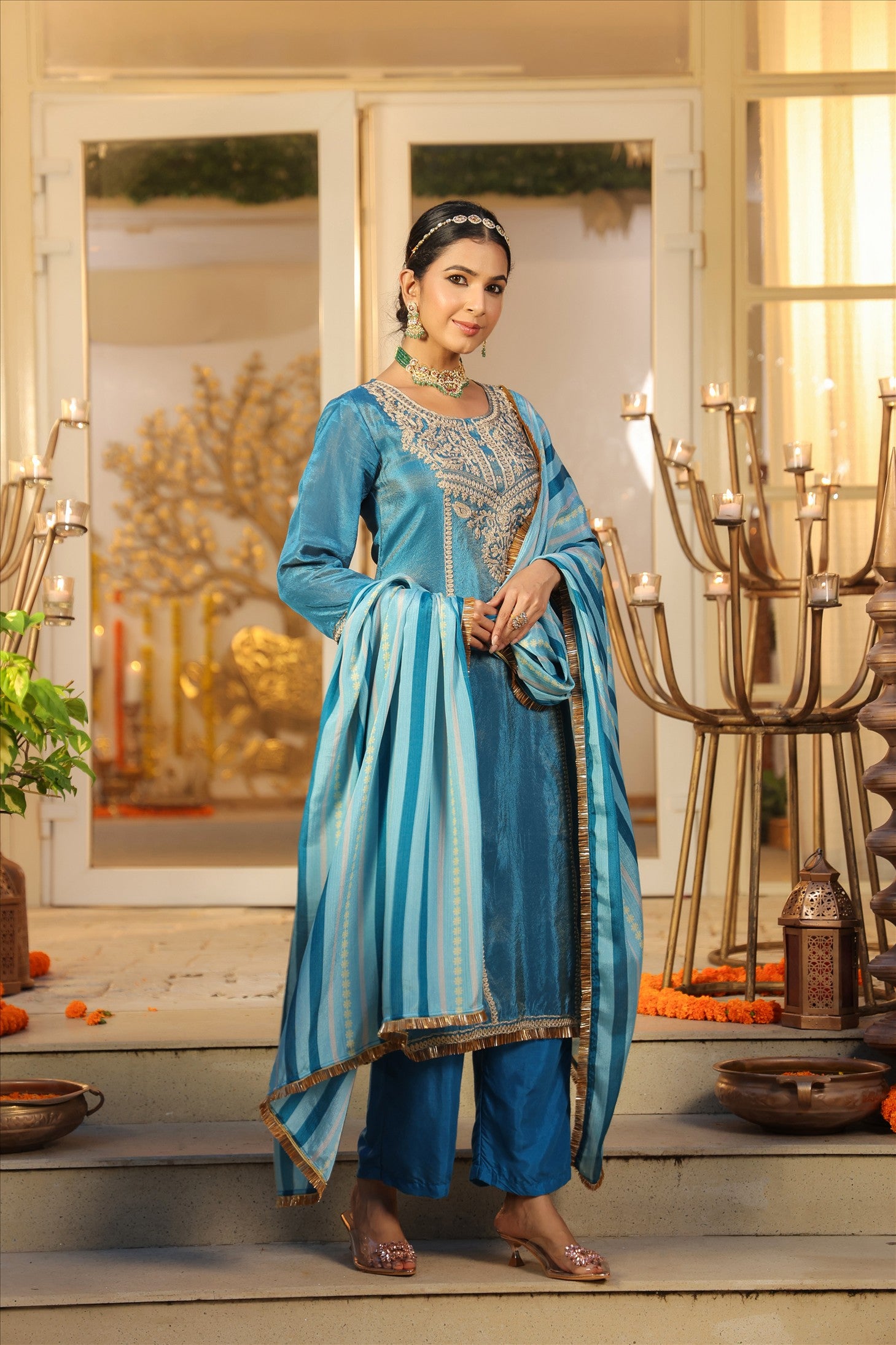 Teal Shimmer Tissue Silk Embroidered Straight Suit Set