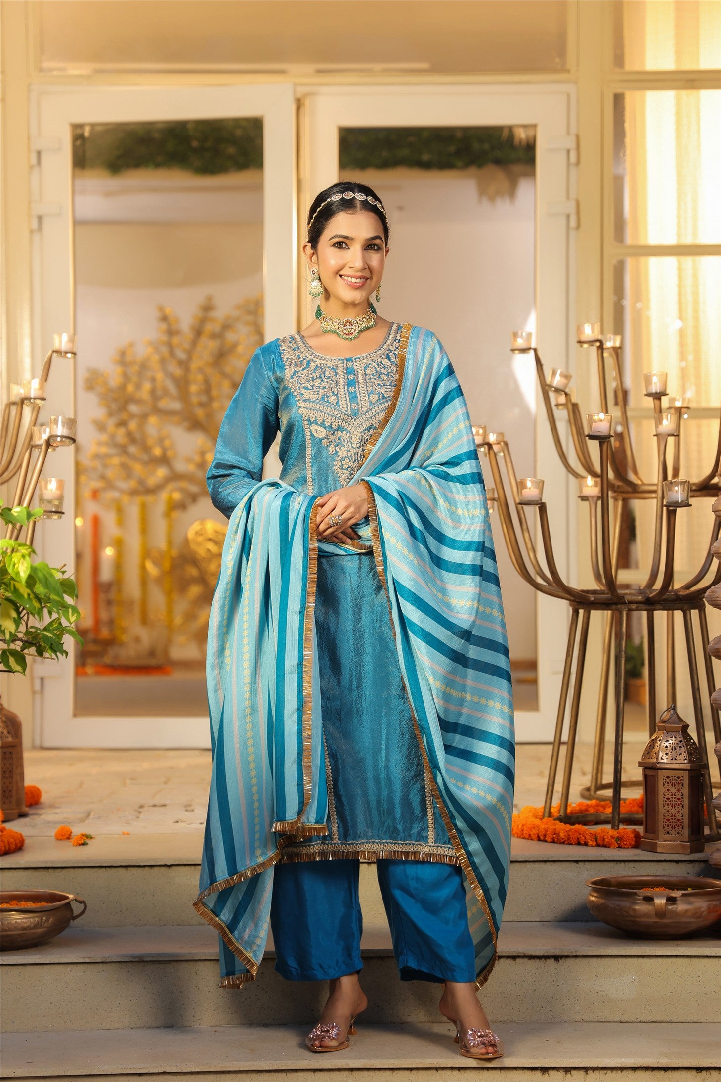 Teal Shimmer Tissue Silk Embroidered Straight Suit Set