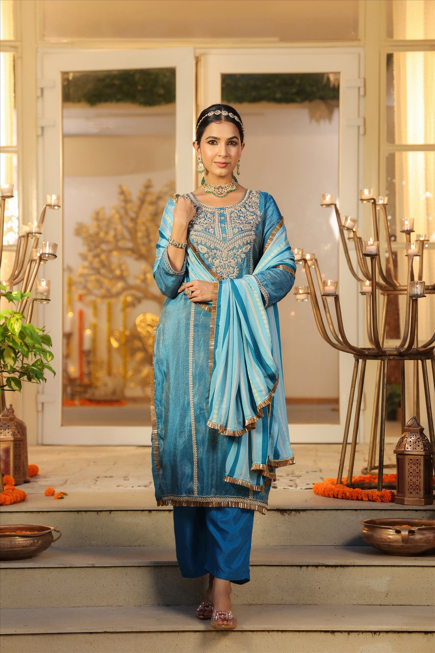 Teal Shimmer Tissue Silk Embroidered Straight Suit Set