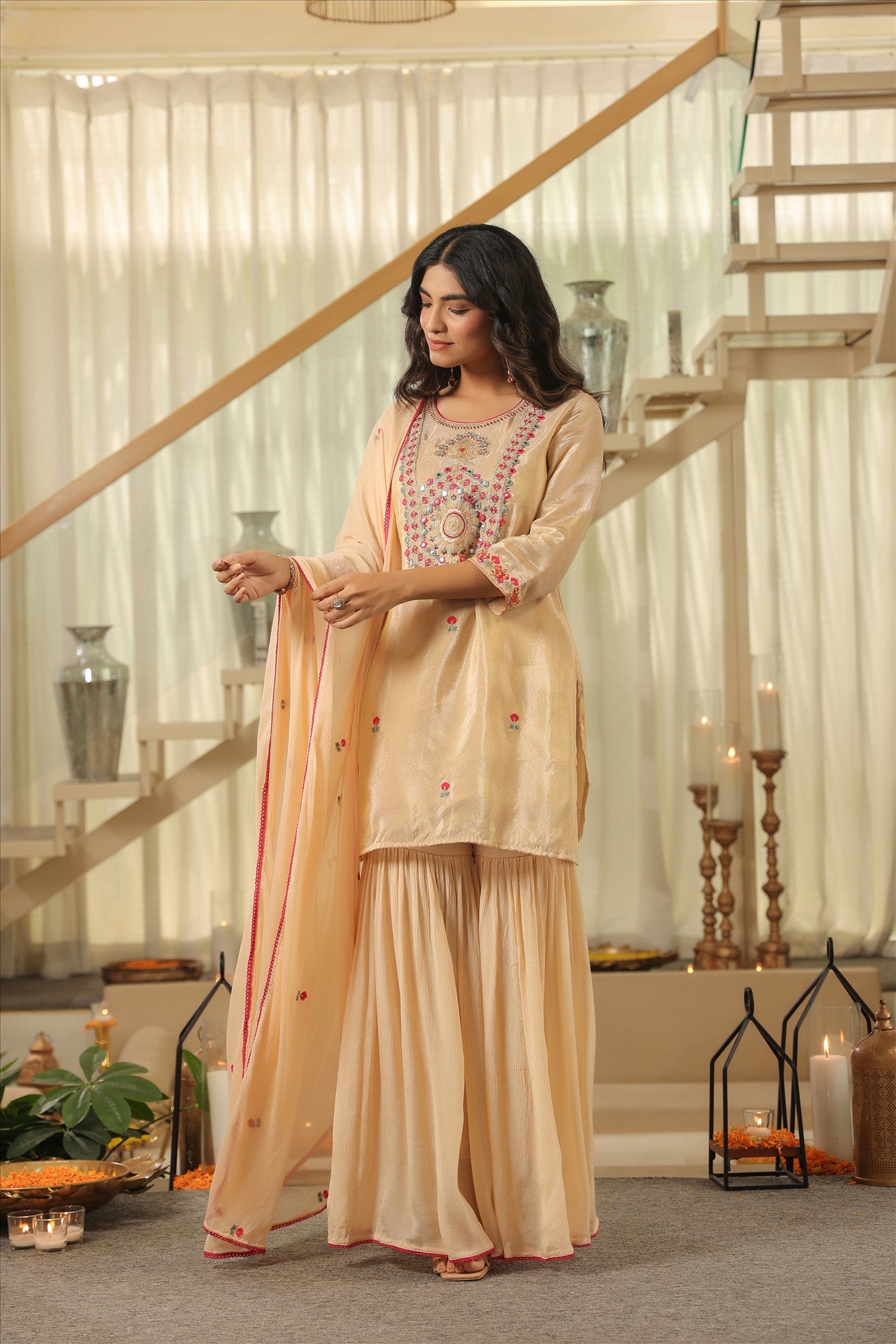 Beige Shimmer Tissue Embroidered Sharara Set