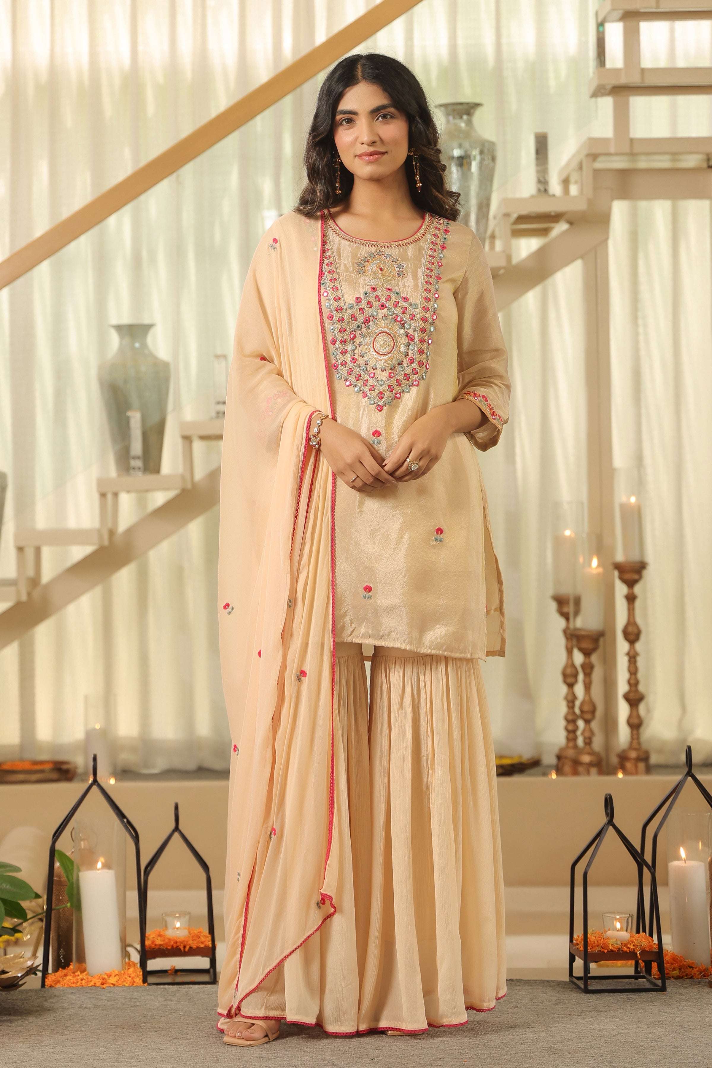 Beige Shimmer Tissue Embroidered Sharara Set