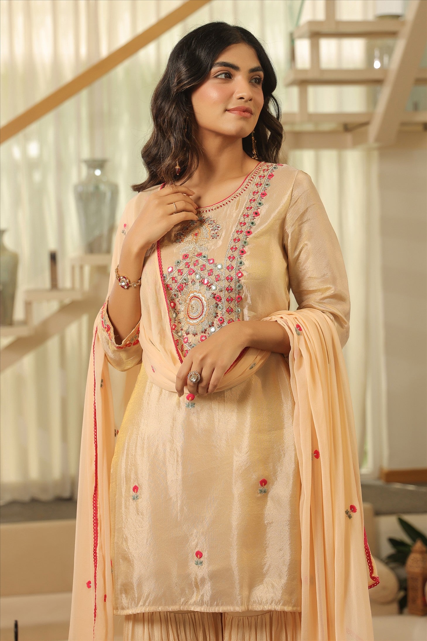 Beige Shimmer Tissue Embroidered Sharara Set