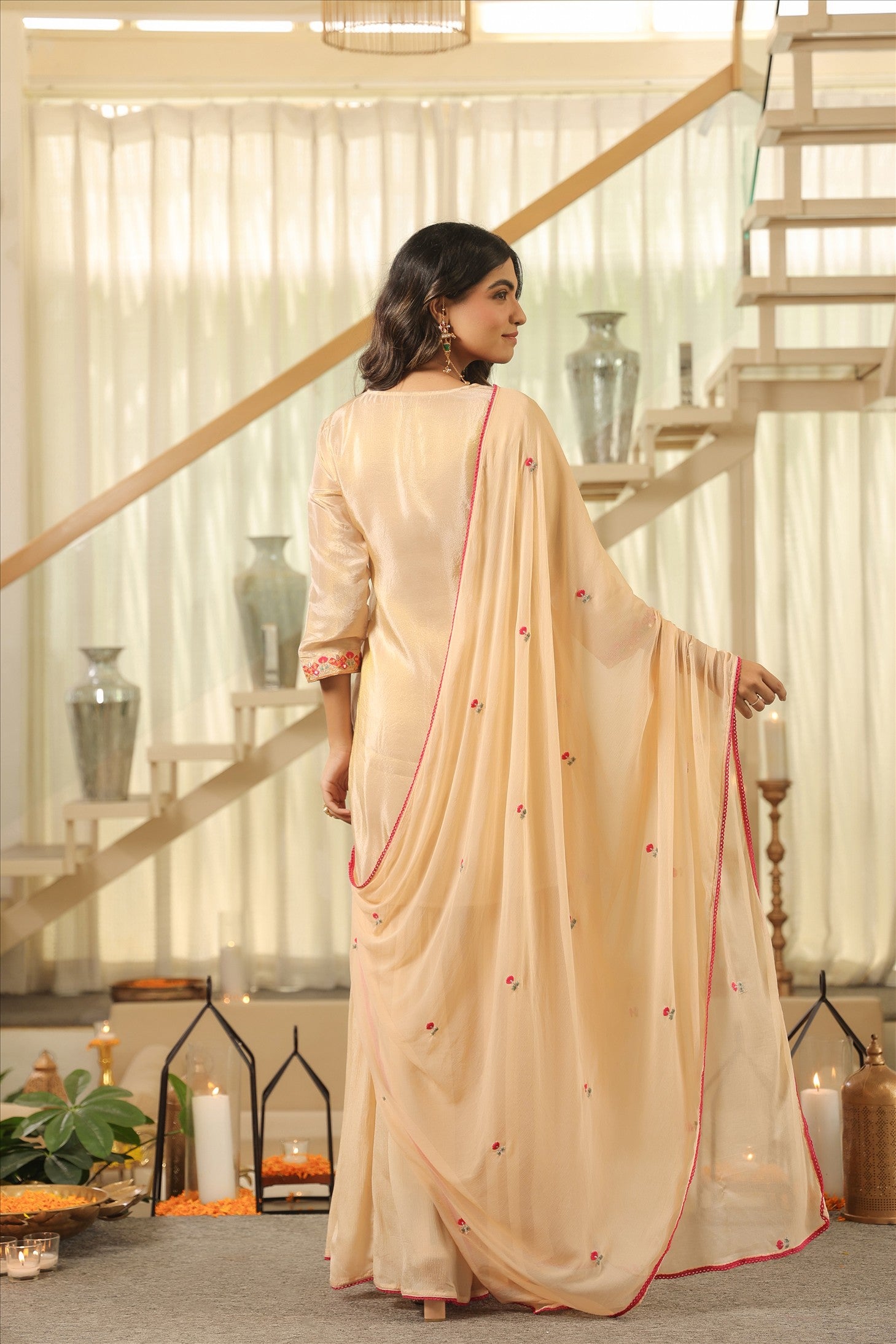 Beige Shimmer Tissue Embroidered Sharara Set