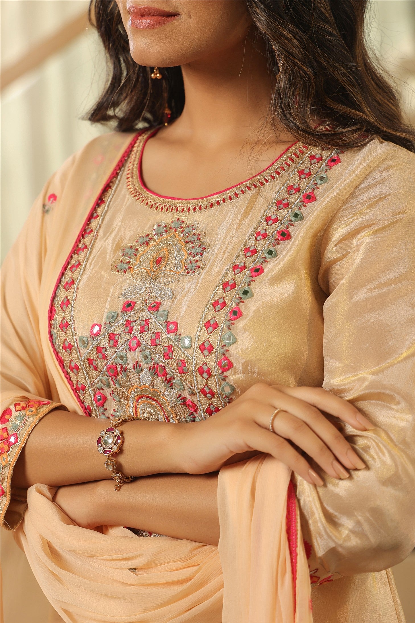 Beige Shimmer Tissue Embroidered Sharara Set