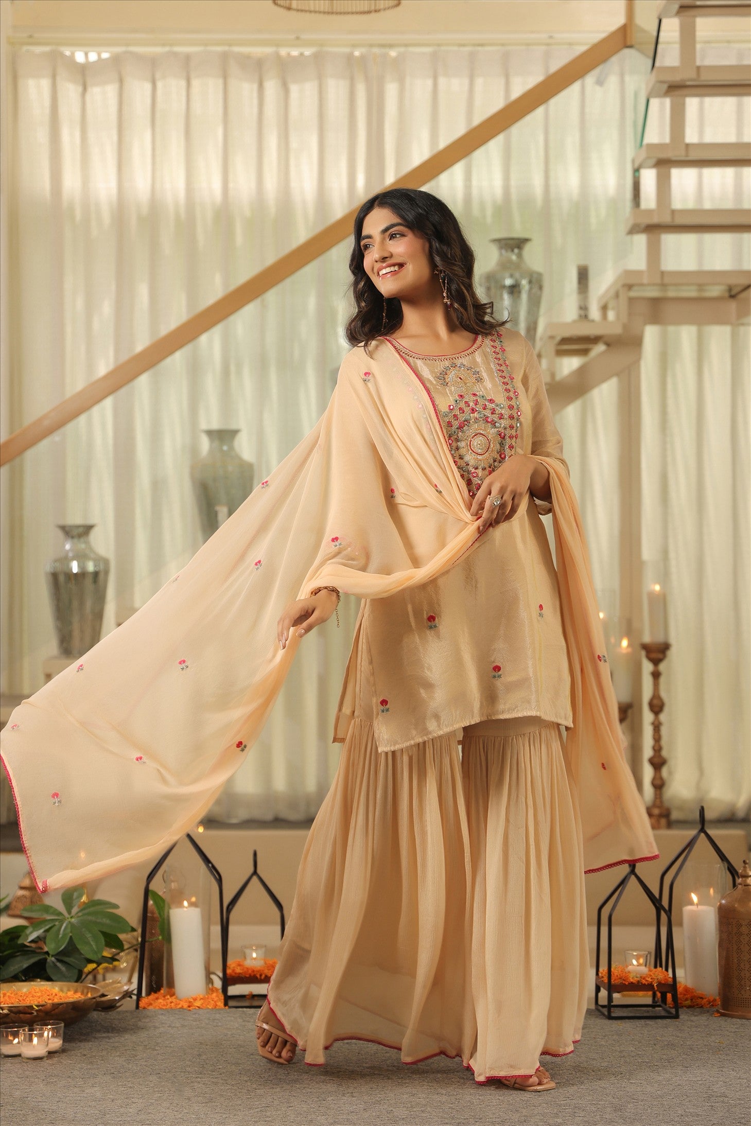 Beige Shimmer Tissue Embroidered Sharara Set