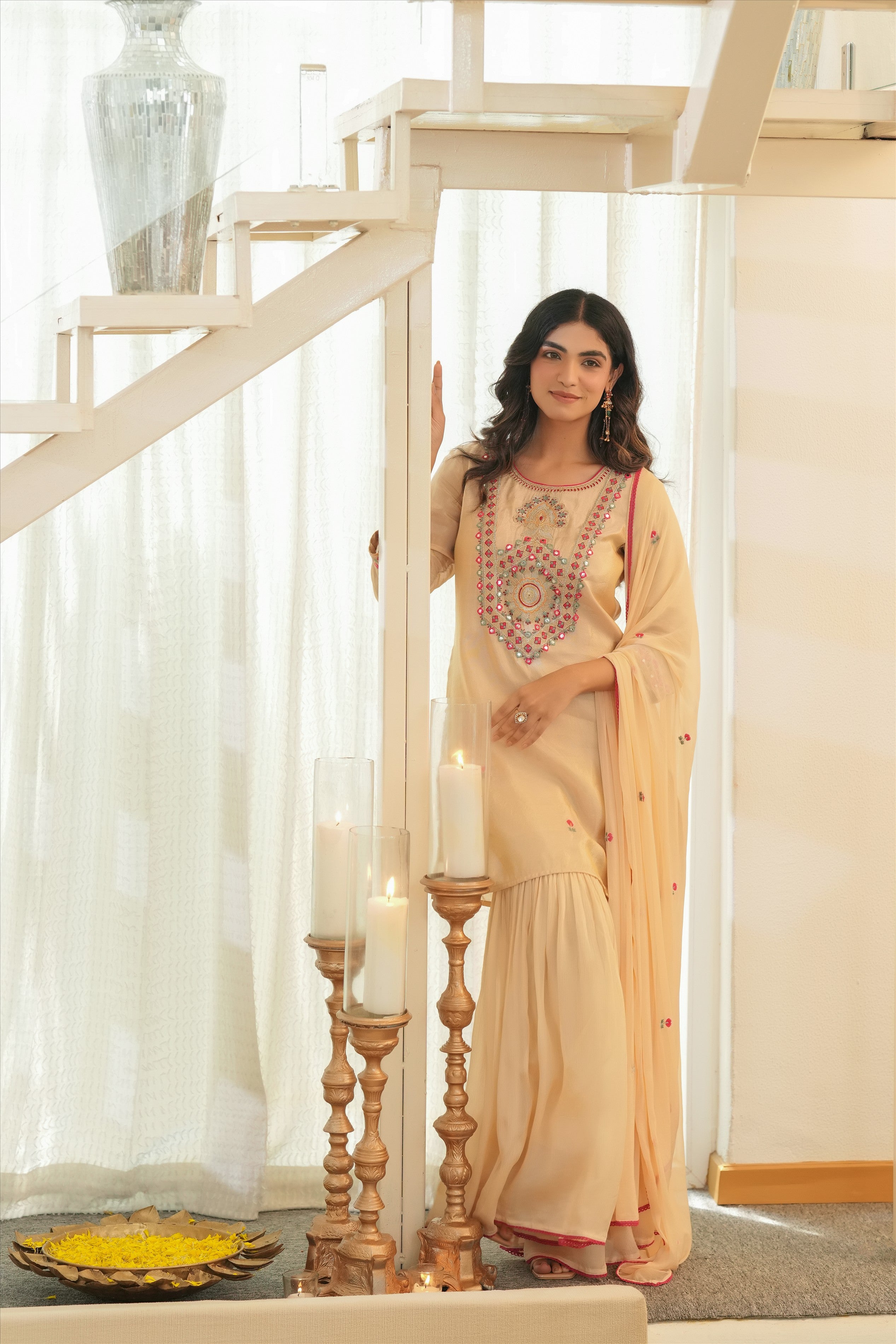 Beige Shimmer Tissue Embroidered Sharara Set