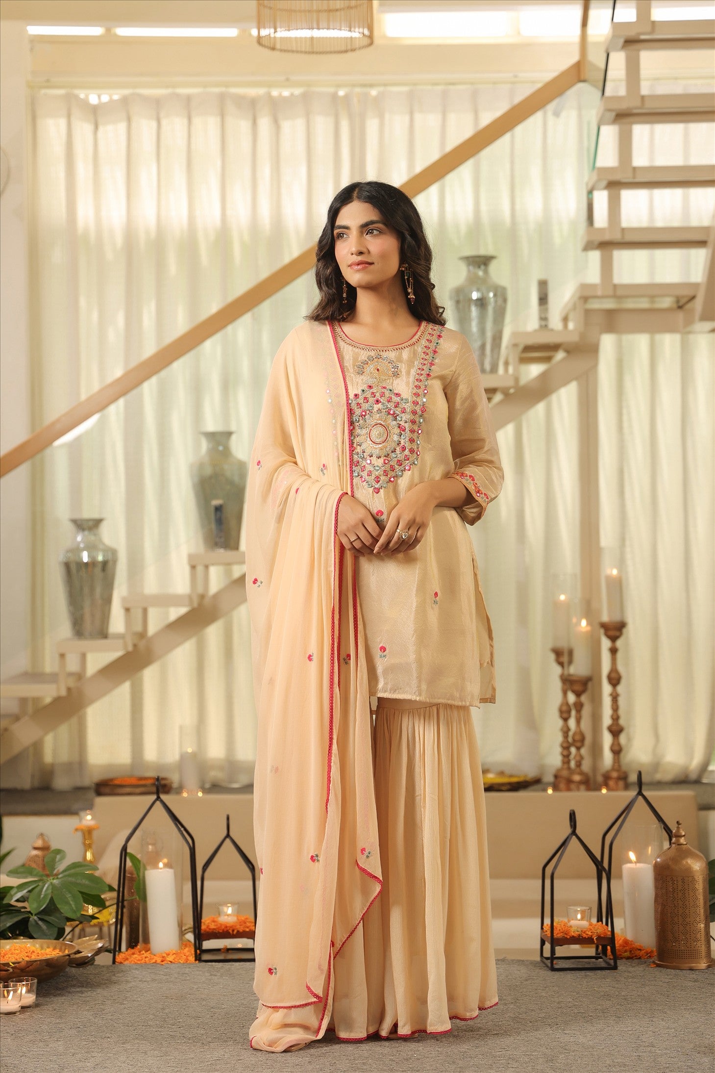 Beige Shimmer Tissue Embroidered Sharara Set