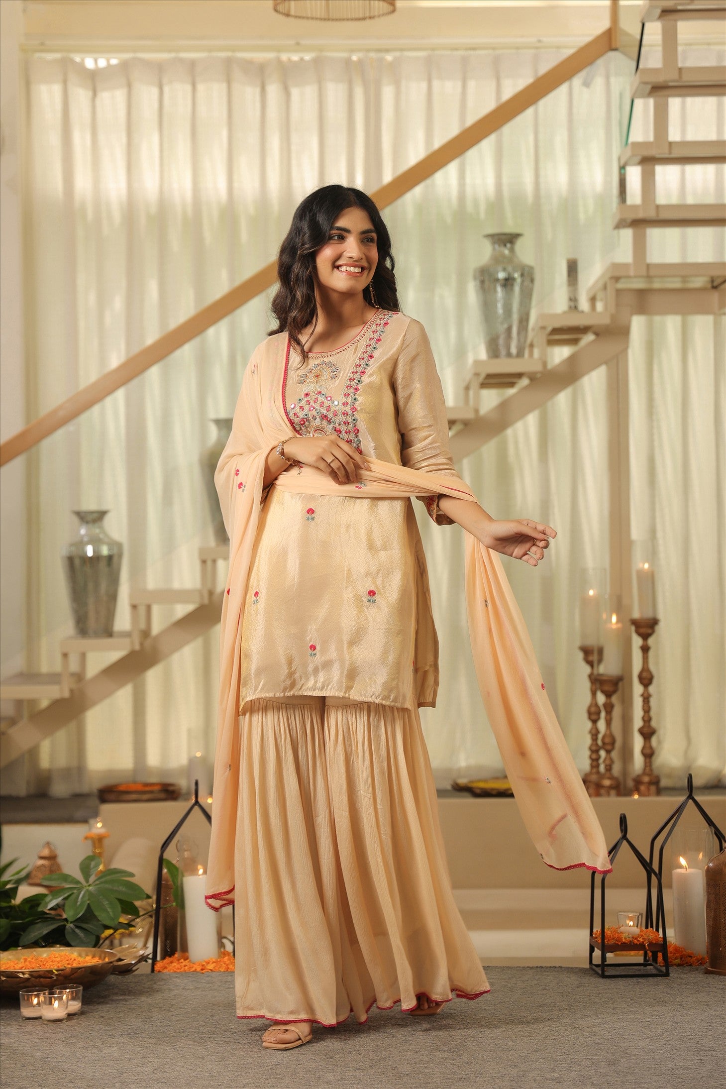 Beige Shimmer Tissue Embroidered Sharara Set