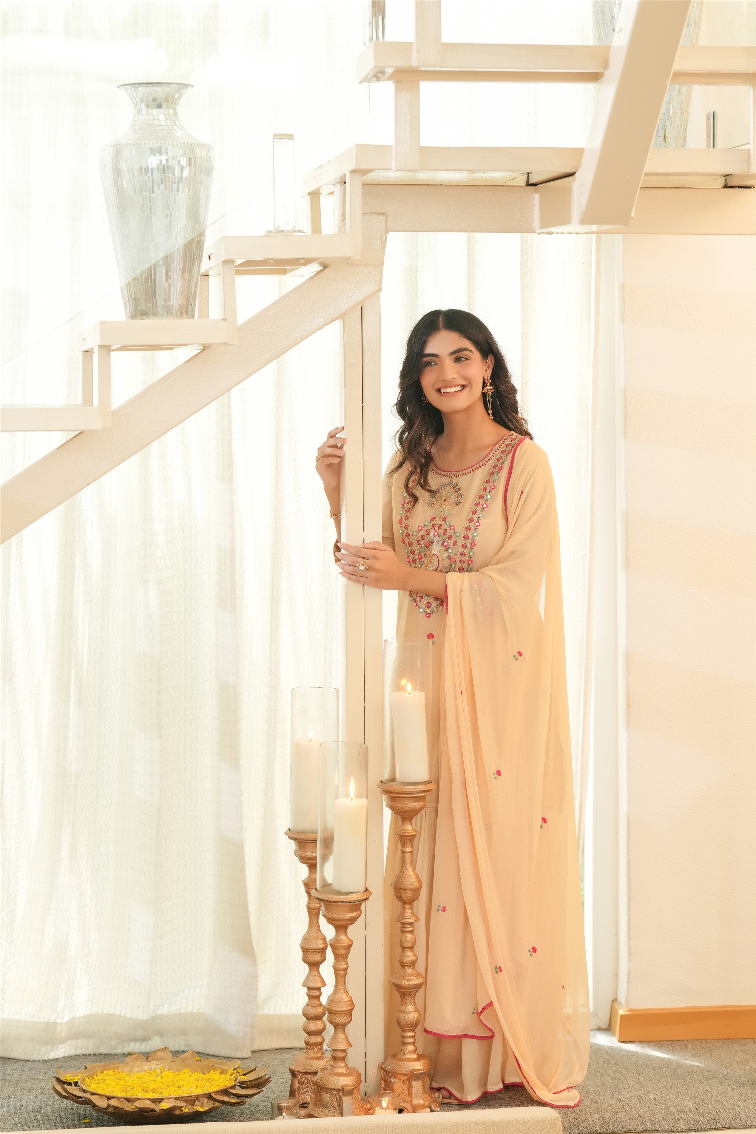 Beige Shimmer Tissue Embroidered Sharara Set