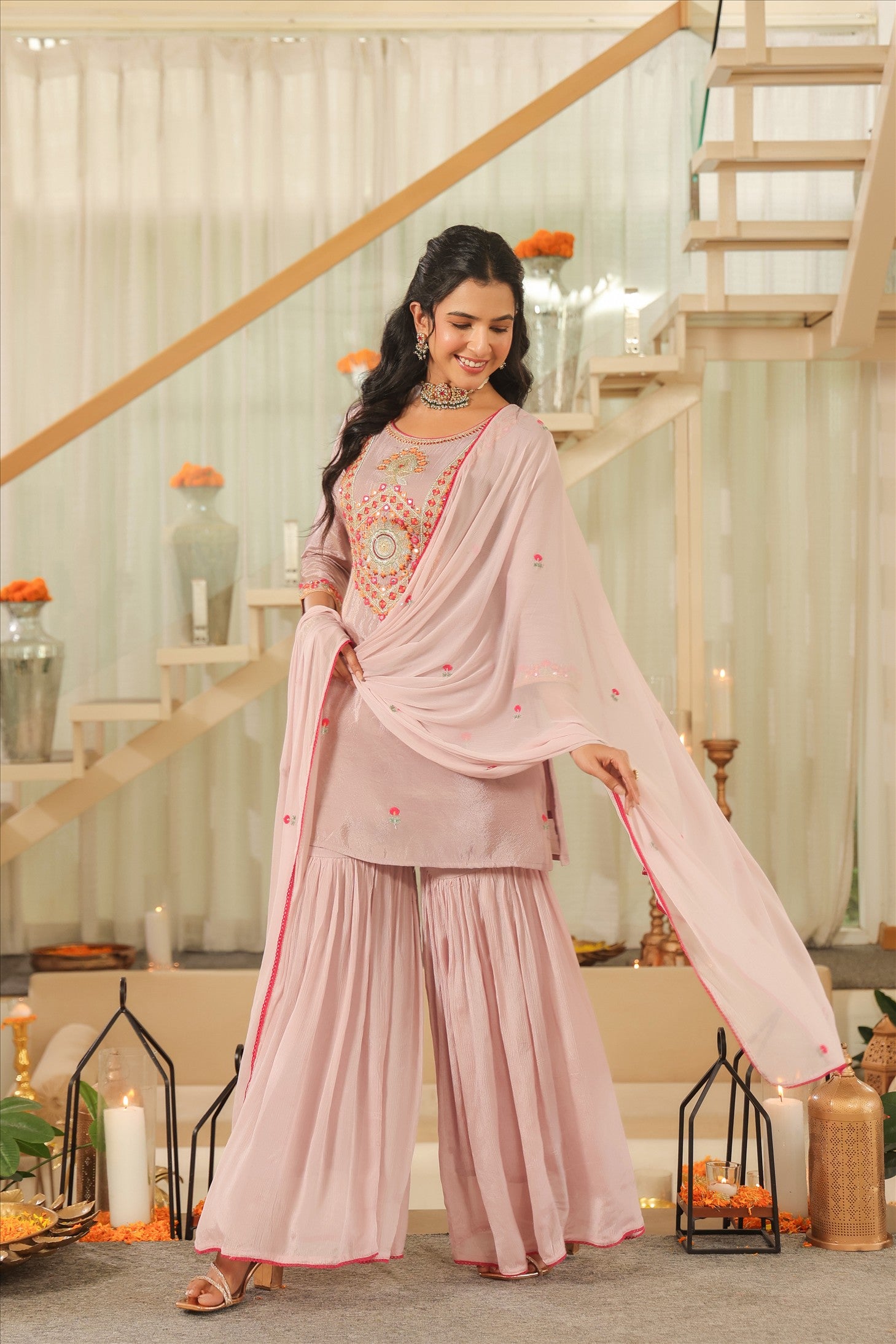 Lavender Shimmer Tissue Embroidered Sharara Set