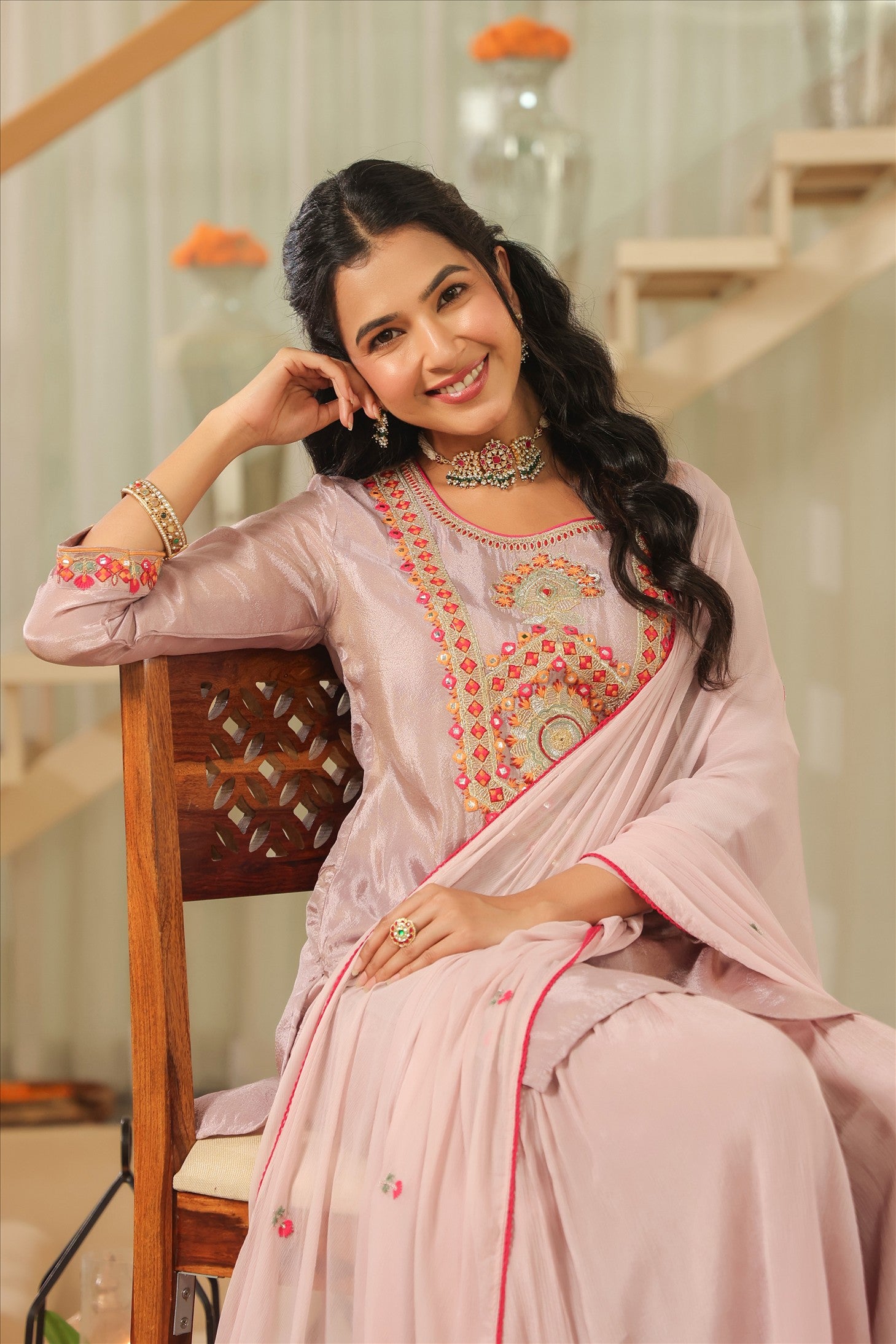 Lavender Shimmer Tissue Embroidered Sharara Set