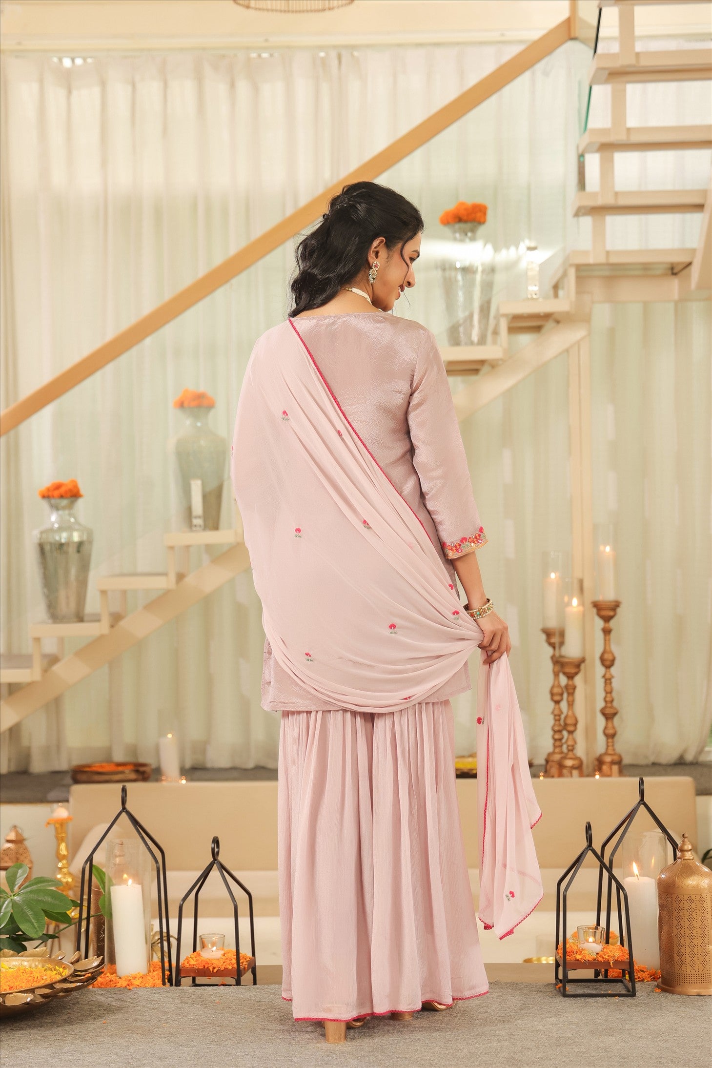 Lavender Shimmer Tissue Embroidered Sharara Set